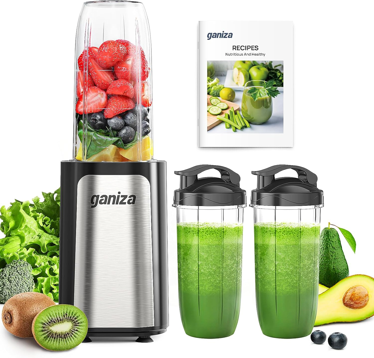 Ganiza Blender for Smoothies, 14Pcs Personal Blender for Shake and Smoothies for Kitchen with 3 Portable Cups (1X24Oz & 2X17Oz), Single Serve Smoothie Maker, Nutritious Recipe