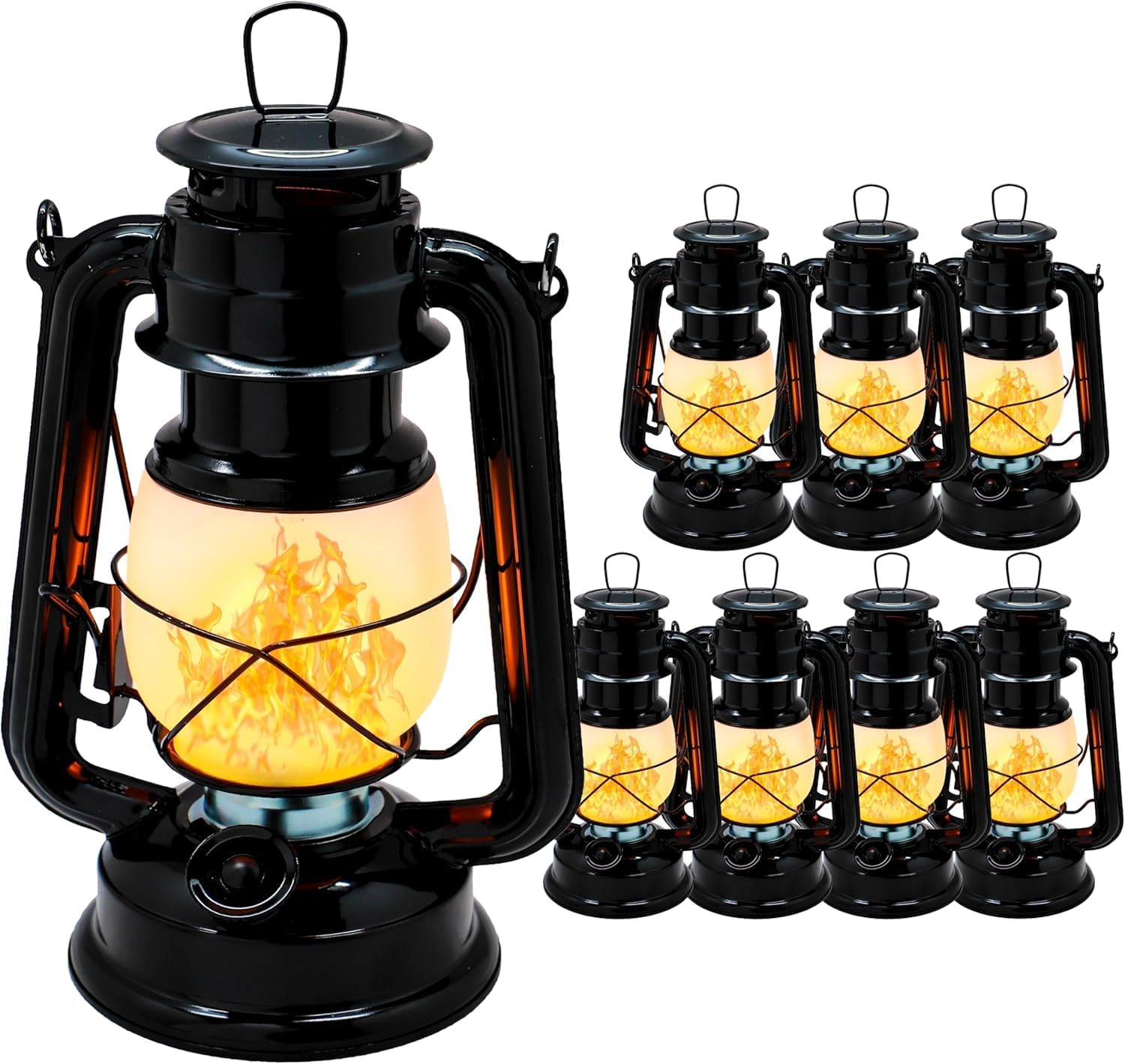 LED Vintage Flame Lantern Metal Outdoor Hanging Lantern with Dancing Flame Battery Operated Halloween Outdoor Indoor Decoration(Black Pack of 8)