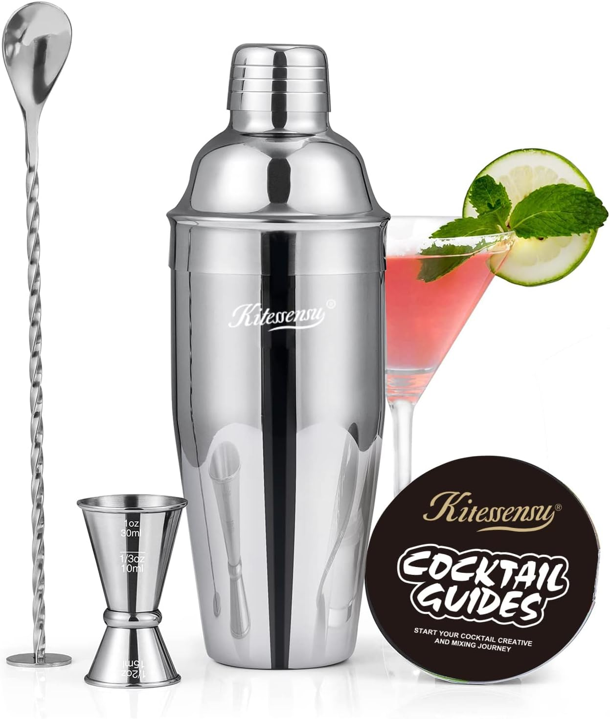 Cocktail Shaker, 24Oz Drink Shaker with Bartender Strainer, Measuring Jigger, Bar Mixing Spoon, Cocktail Recipe Guide, Professional Drink Mixer Set for Beginners, Silver