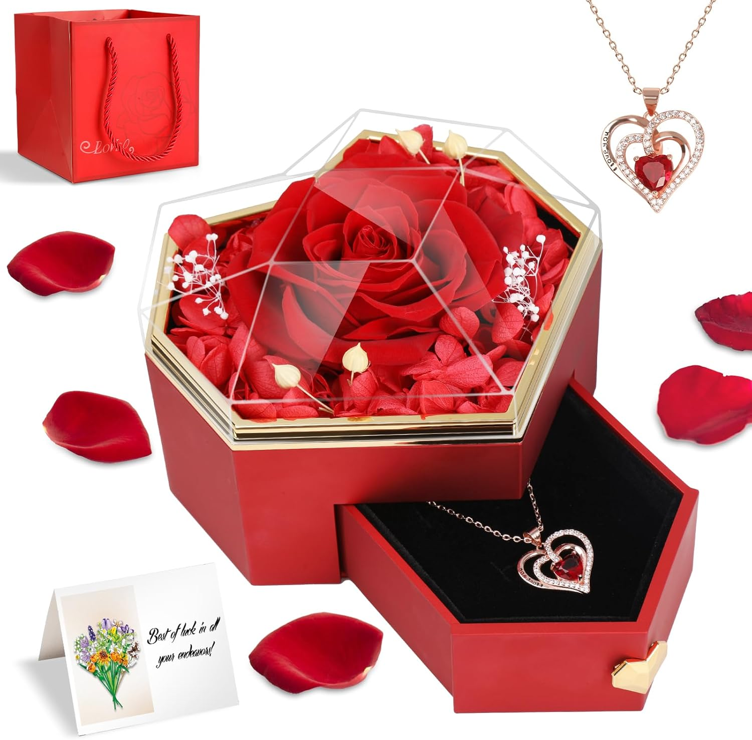 Preserved Real Red Rose Gift Box with Heart Necklace - Eternal Flower Gift for Her, Girlfriend, Wife, Mom on Valentine'S Day, Birthday, Christmas, Anniversary, Thanksgiving(Golden)