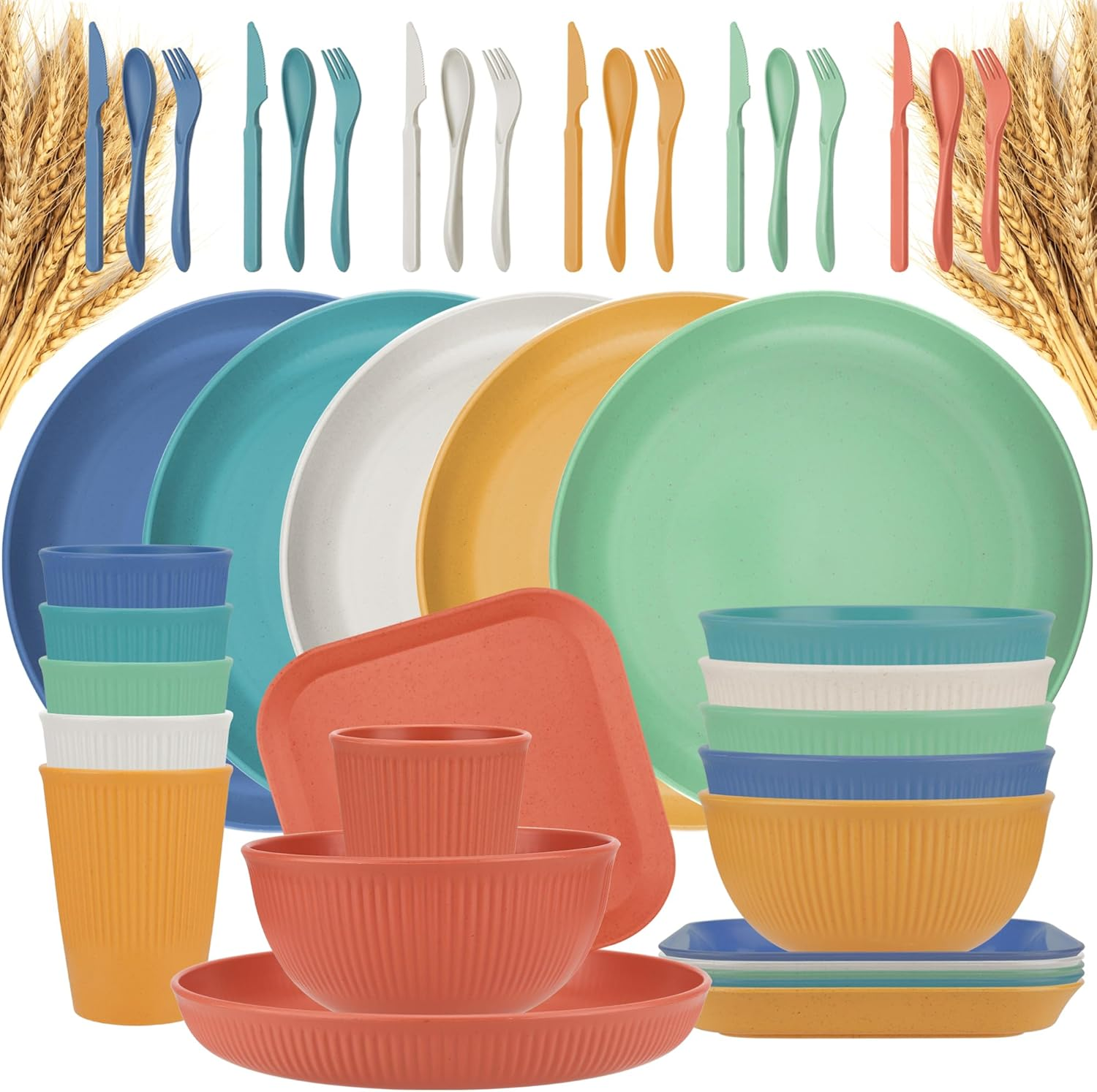 Dinnerware Sets, 42-Piece Kitchen Plates and Bowls Sets, Wheat Straw Dinnerware Set Service for 6, Lightweight Unbreakable Plastic Plate Dishwasher Microwave Safe Dish Set Outdoor Plates