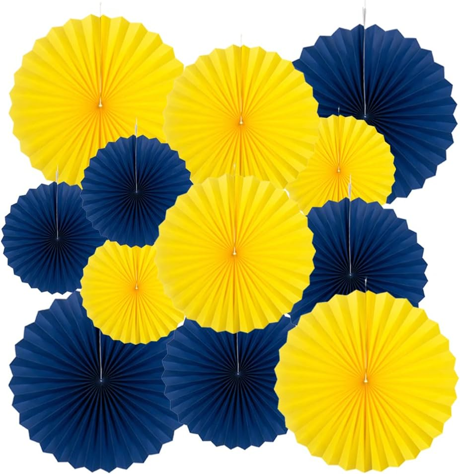 Royal Blue and Yellow Paper Fans Party Decoration Wall Background Ceiling Hanging Decoration for Eid Ramadan Festival Birthday Graduation Theme Party,12pc