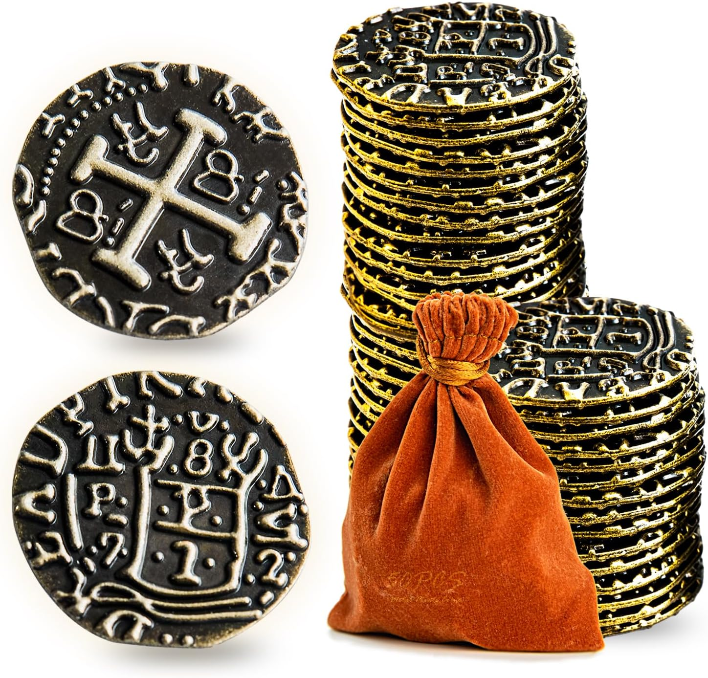 Metal Pirate Coins, Prefdo 35PCS X Large Gold Treasure Coin Set Spanish Doubl... - Picture 5 of 7