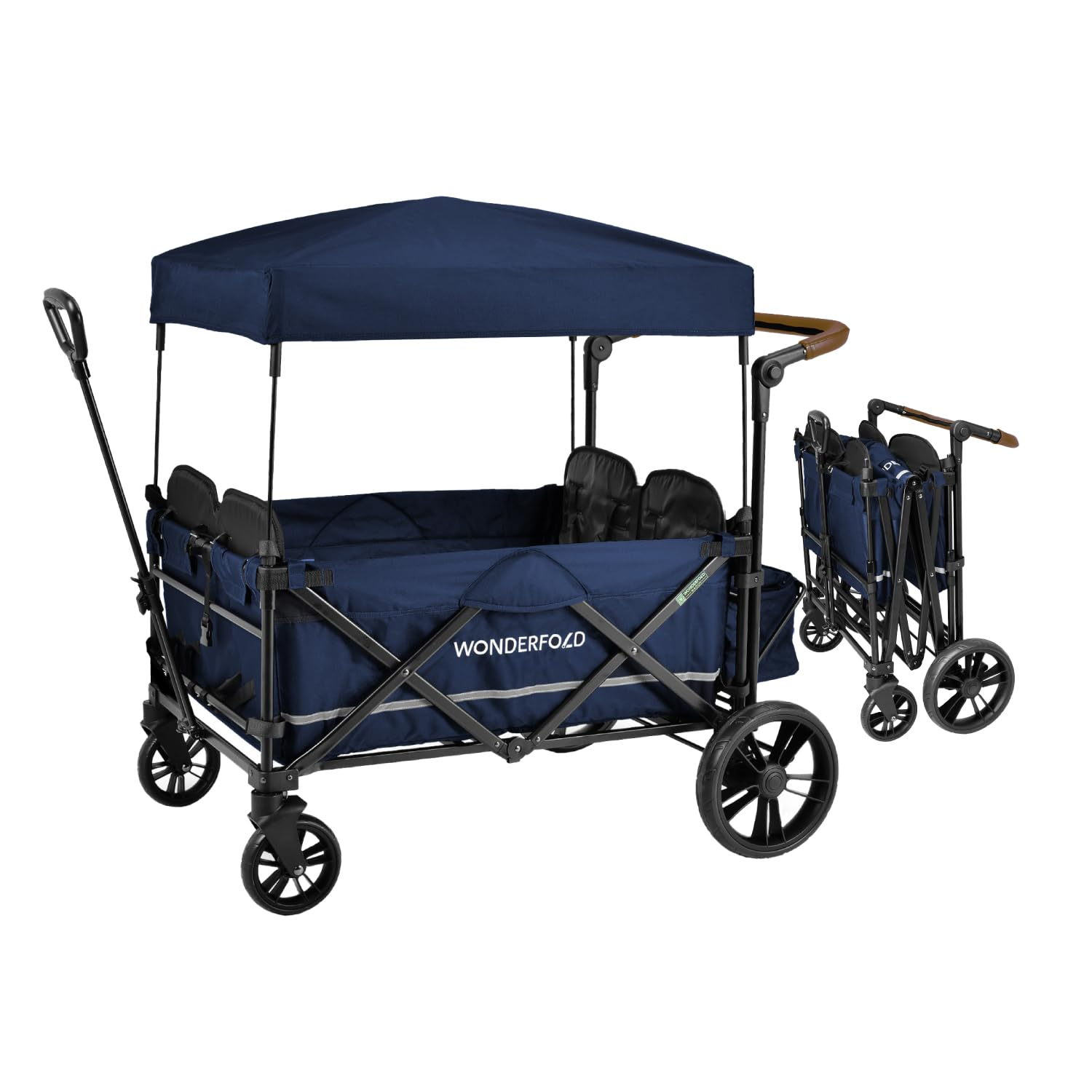 WONDERFOLD X4 Push & Pull Stroller Wagon (4 Seater) - Collapsible Wagon Stroller with Seats with 5-Point Harnesses, Adjustable Push Handle, and Sun Canopy, Navy