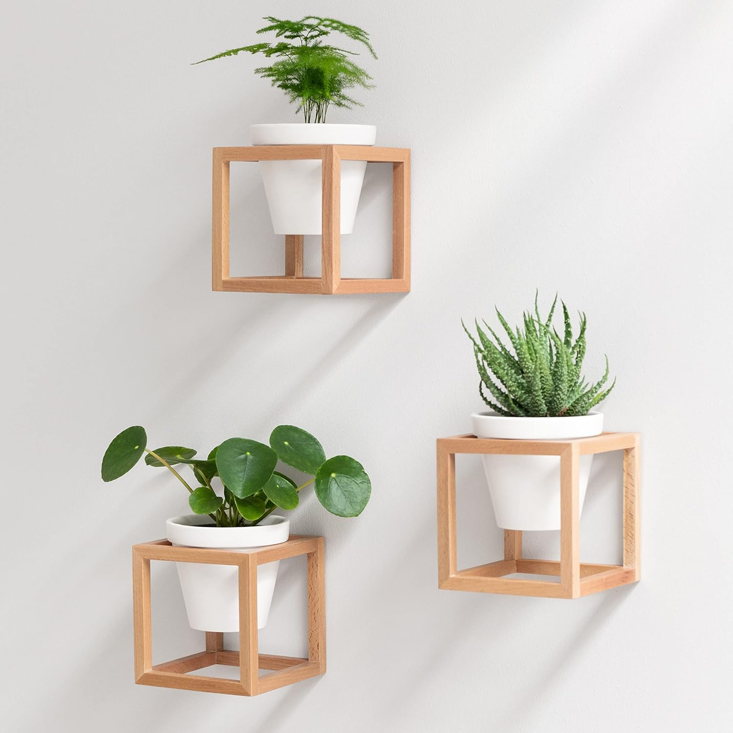 Fioriere Da Parete -Lille- | Fioriere Sospese Con Cornici in Legno Massello | Set Porta Piante in Ceramica E Legno per Pareti, Tavoli E Altro | Marrone Naturale