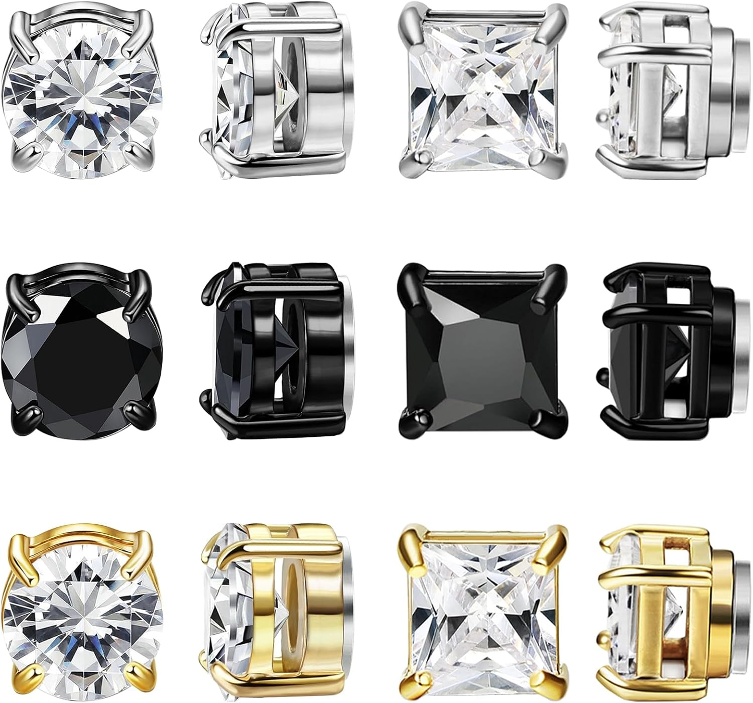 6 Pairs Stainless Steel Magnetic Stud Earrings, Non-Piercing, Unisex, CZ Diamond