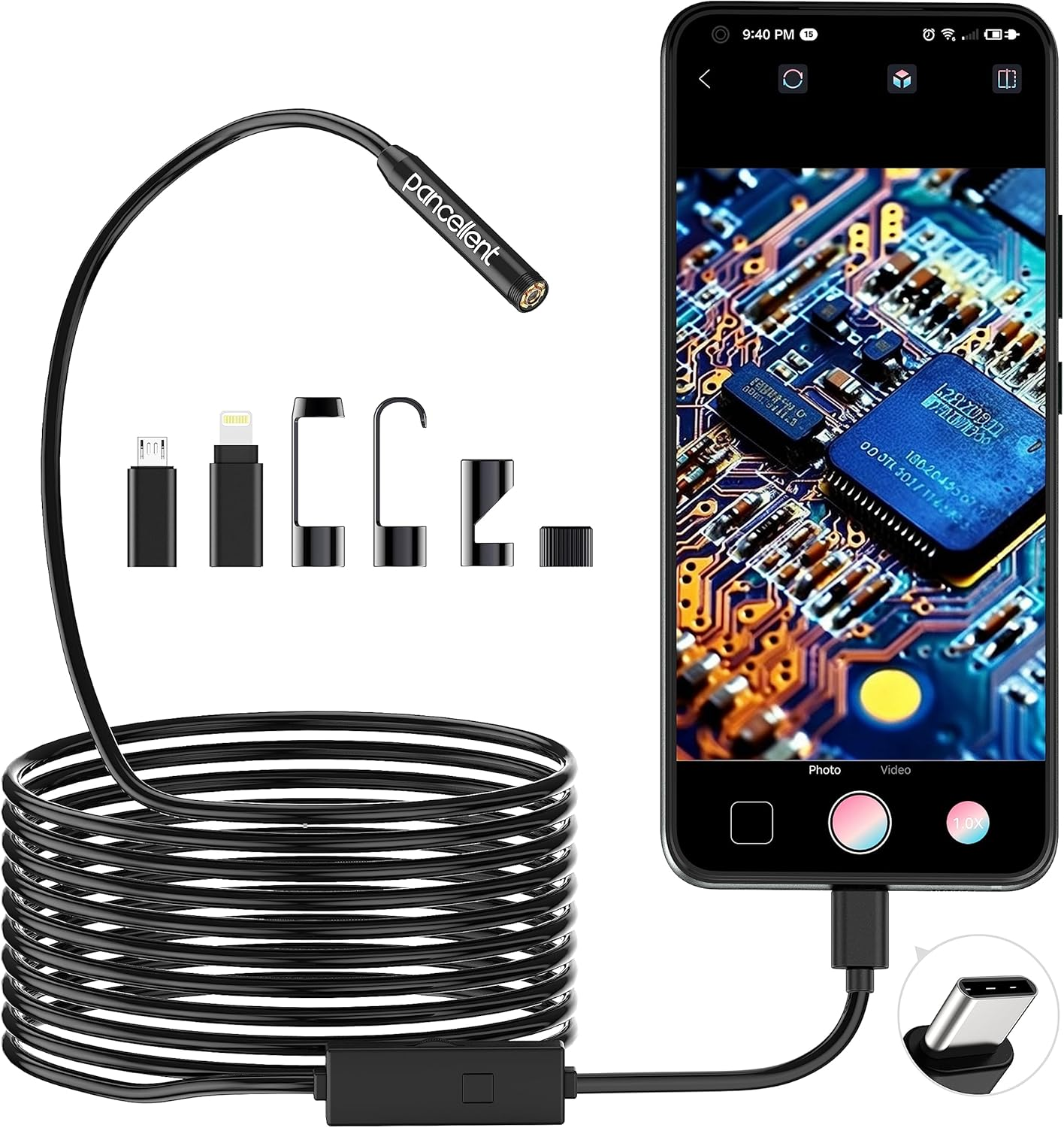 1920P Snake Inspection Borescope, Pancellent Type C Endoscope, Scope Camera with 8 LED Lights for Android and Ios Smartphone, Iphone, Ipad, Samsung (16.5 FT/5M)