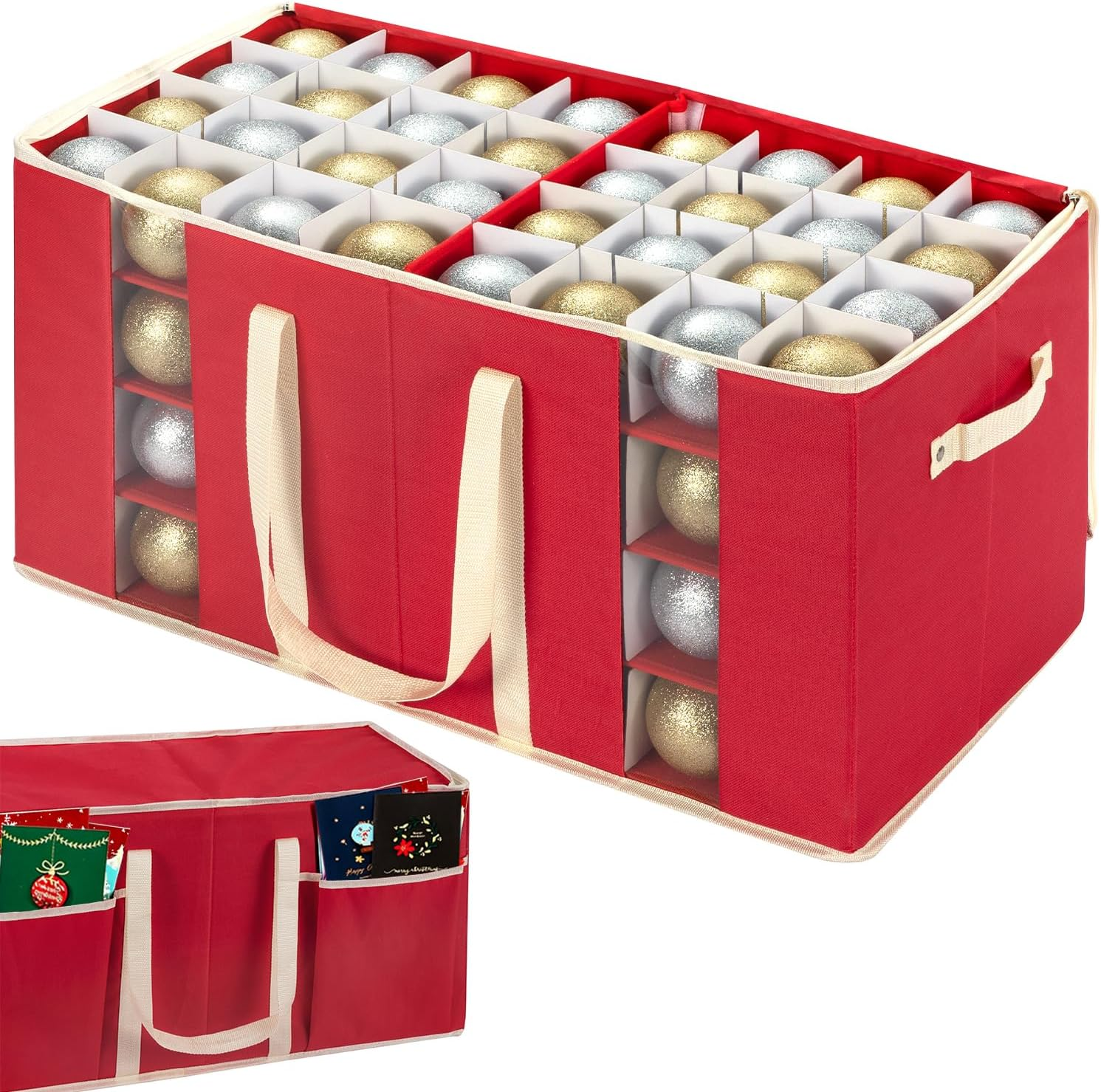 Christmas Visible Ornament Storage Box with Adjustable Dividers/Side Pockets,Ornaments Organizer with Zipper, Storage Container Bin for Christmas Decorations(128 Ball, Red, without Tray)