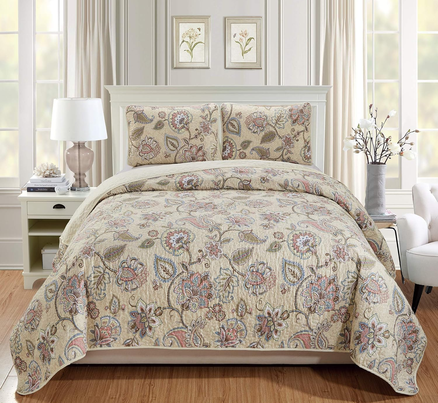 3Pc King/California King Bedspread Quilt Set Floral Beige Pink Blue Taupe Green Flowers Leaves over Size New