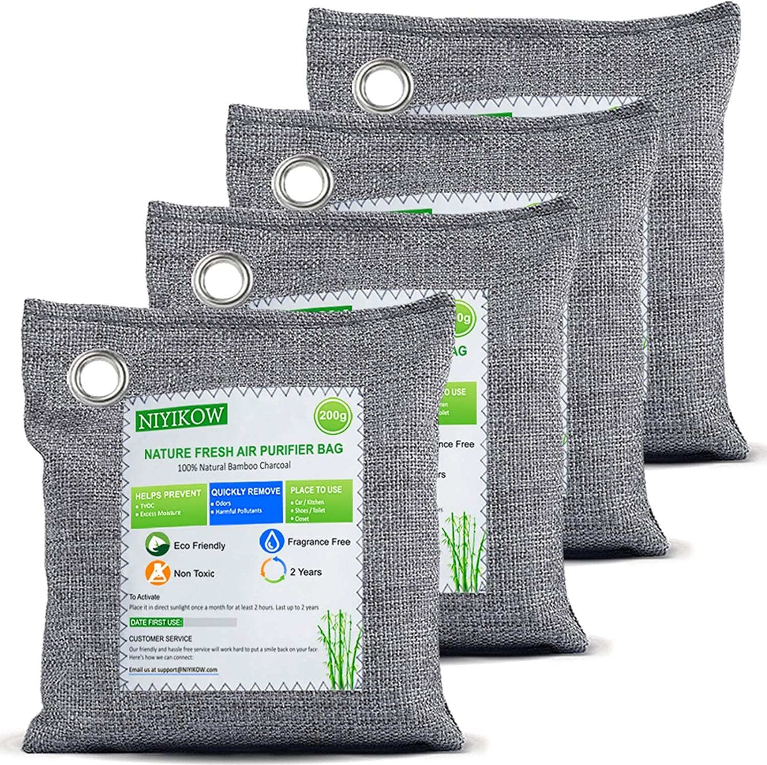 NIYIKOW Charcoal Bags Odor Absorber (Large, 4Pack X 200G), Nature Fresh Bamboo 