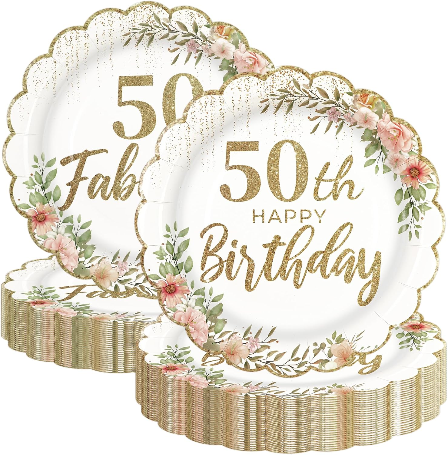 50Pcs 50Th Birthday Scalloped Paper Plates - 7Inch White and Gold Dessert Plates for Cake Fruit Salad Disposable Floral Themed Party Supplies for Women Birthday, 2 Styles