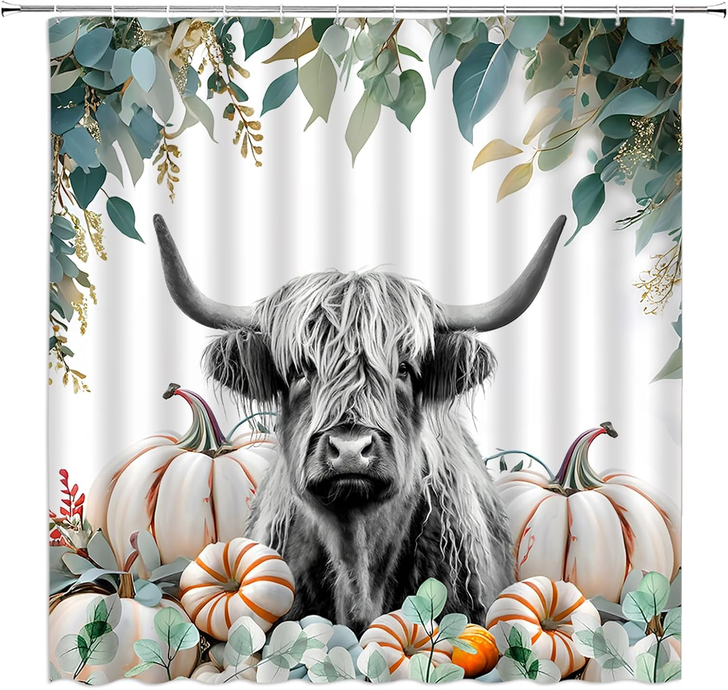 Highland Cow Shower Curtain Fall Pumpkin Eucalyptus Leaves Thanksgiving Harvest Watercolor Autumn Seasonal Farmhouse Rustic Fabric Bathroom Decor Curtain with Hooks,70Wx70H Inches, Gray Green