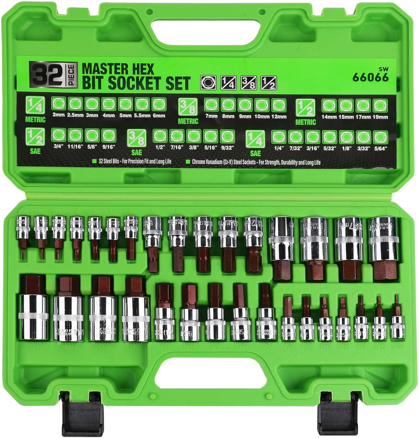 SWANLAKE 32 Piece Hex Bit Socket Set,Sae and Metric, 1/4'', 3/8', 1/2'' Drive Socket Set, S2 & Cr-V Steel