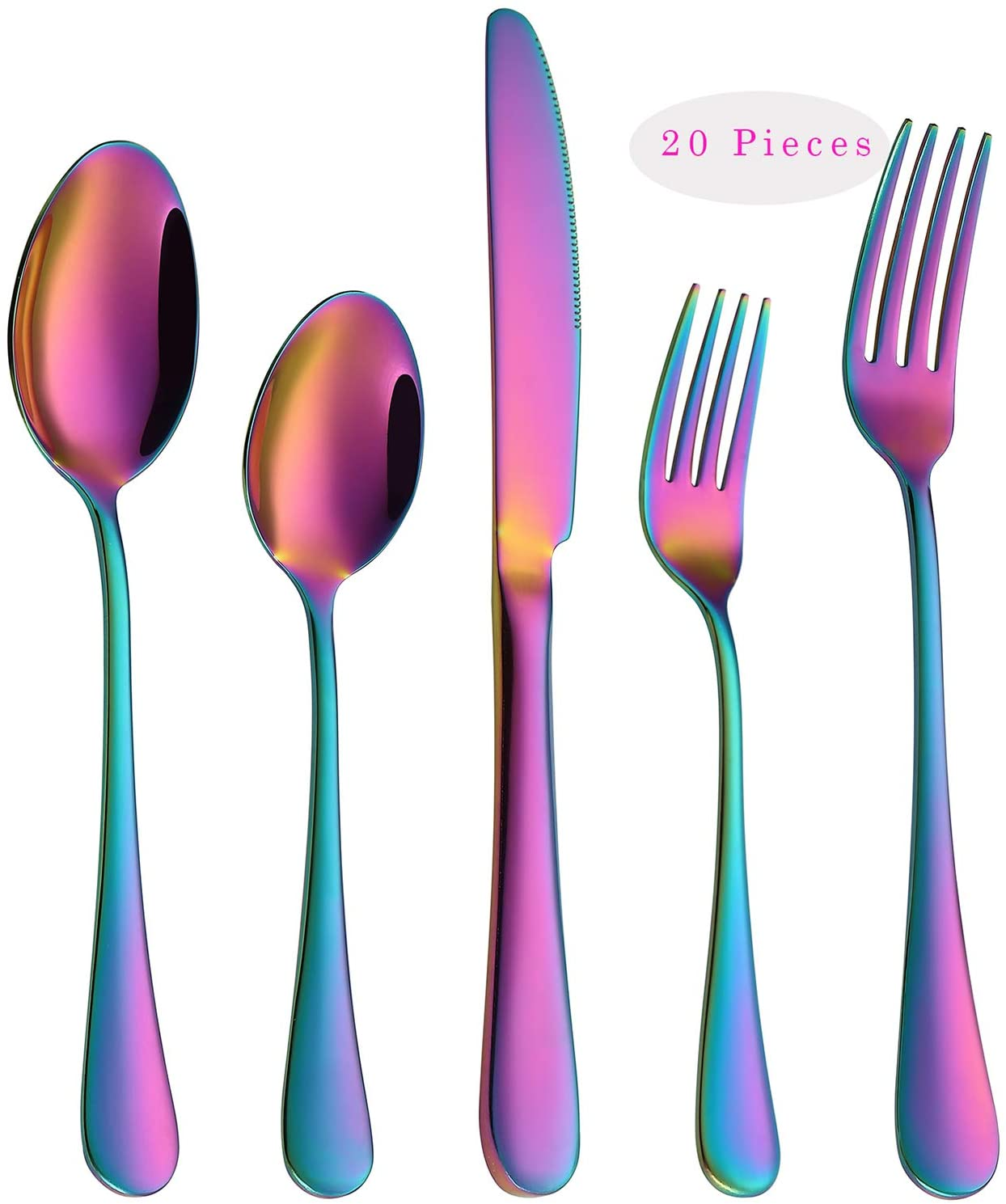 VANDBAO Rainbow Flatware Cutlery Silverware Set 20 Pieces, Stainless Steel Colorful Utensils, Tableware Set Service for 4, Include Knife/Fork/Spoon, Reusable, Mirror Polished, Dishwasher Safe