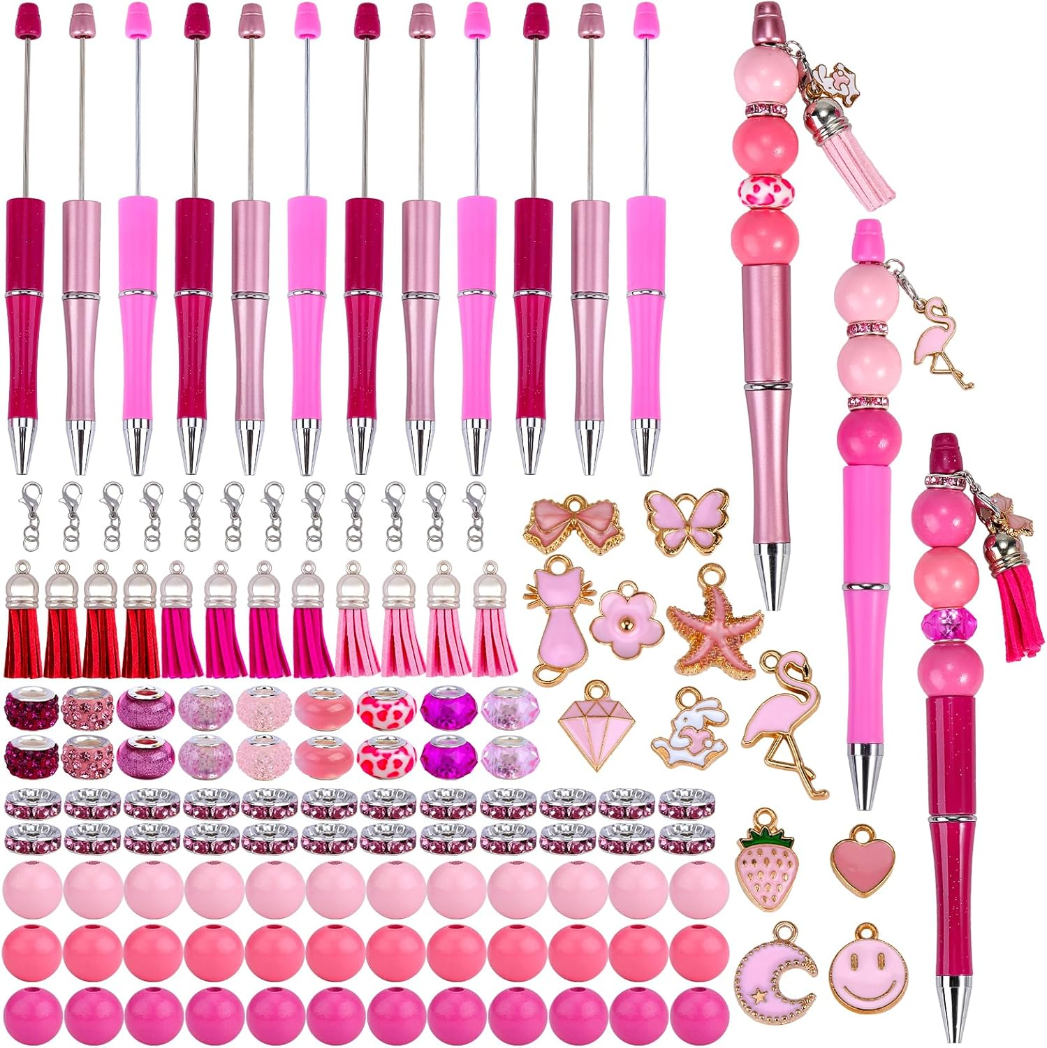Pink Beadable Pens Making Kit with Charms Beads, 12 Set