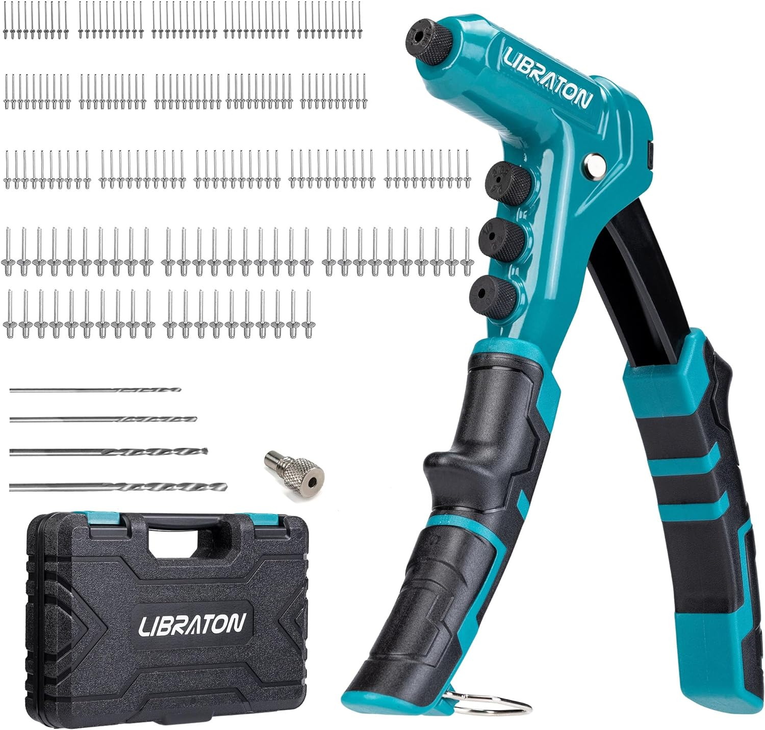 One-Handed Rivet Gun, Pop Rivet Gun Set, Professional Hand Riveter, Manual Riveting Tool with 200 Rivets for Metal, Includes 4 Drill Bits, 4 Tool-Free Interchangeable Heads, Storage Case