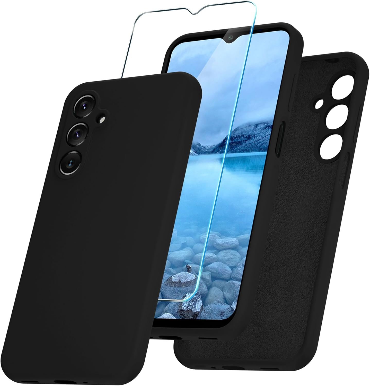 For Samsung Galaxy A16 5G Case, Silicone Phone Case with 1 Screen Protector, Soft Anti-Scratch Microfiber Lining, Full Body Shockproof Slim Cover, Black