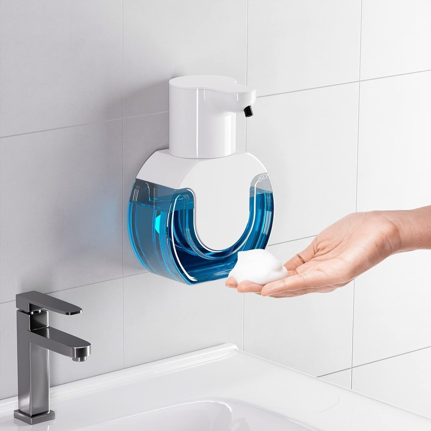 Automatic Foaming Soap Dispenser 15Oz/420Ml Foaming Hand Sanitizer Touchless Wall Mount with 4Levels Adjustable Free Touch Electric Soap Dispenser Rechargeable with Sensor for Bathroom Kitchen (Foam)