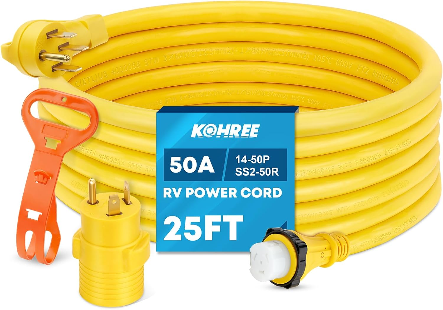 50 Amp RV Extension Cord 25FT Heavy Duty Generator Cord, 50 Amp RV Power Cord with Grip Handle, NEMA 14-50P to SS2-50R Twist Lock, 30M/50F Adapter Included, ETL Listed