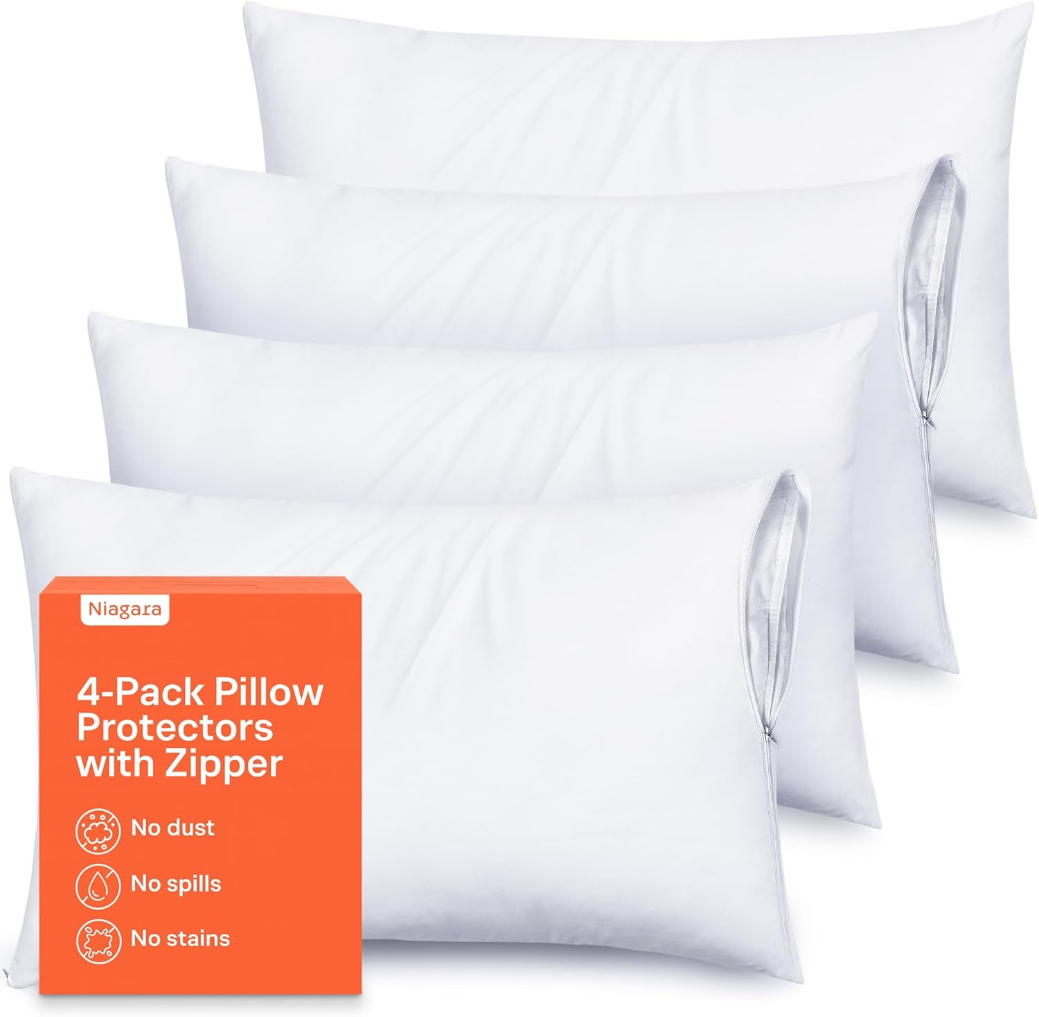 Ultra Soft Pillow Protectors with Zipper Standard Size - Set of 4 Breathable Pillow Covers - 100% Protection against Stains, Dust & Dirt - Machine Washable (White)