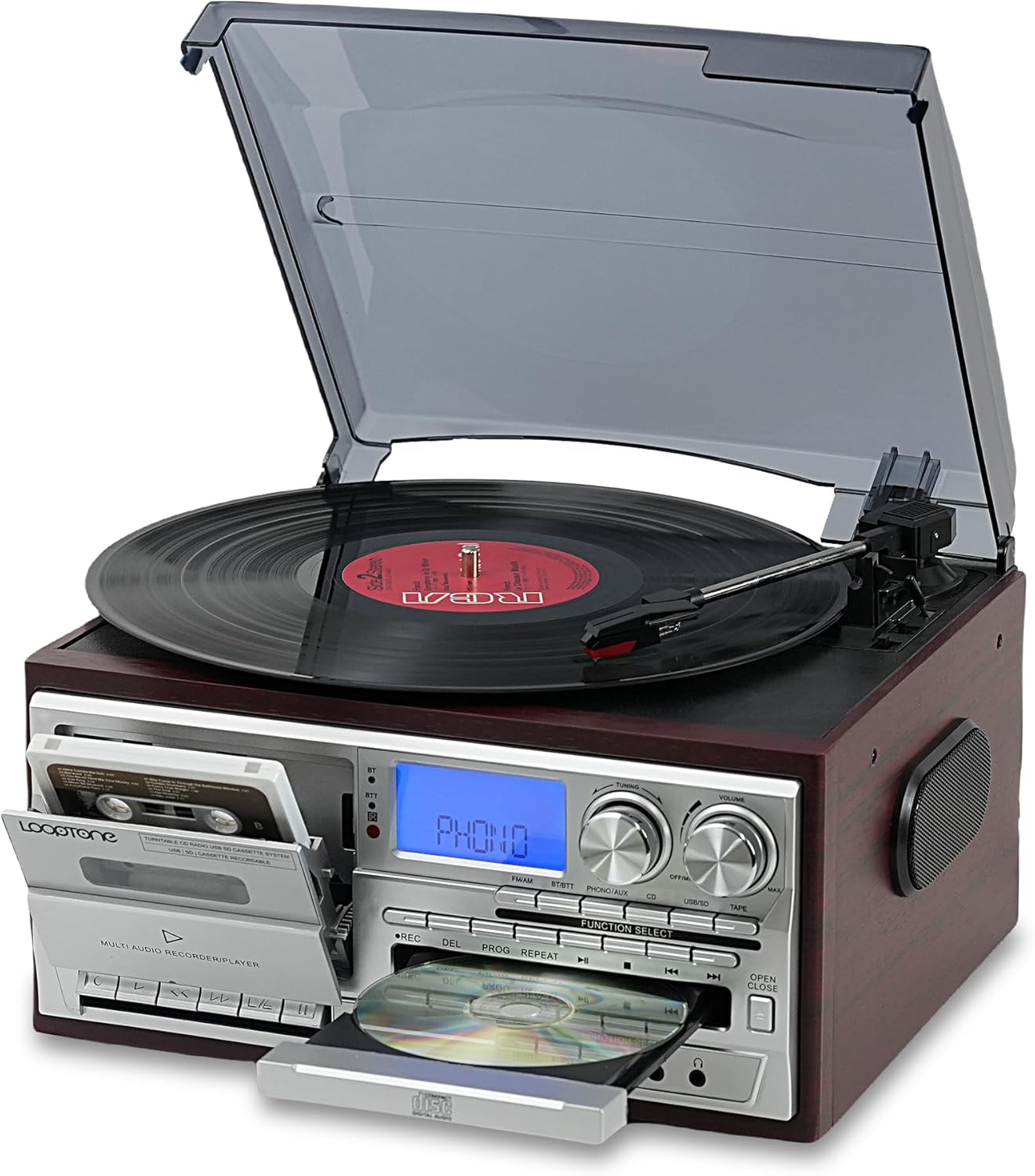 Vinyl Record Player 10 in 1 3 Speed Bluetooth Vintage Turntable CD Cassette Player AM/FM Radio USB Recorder Aux-In RCA Line-Out (Red-Silver)