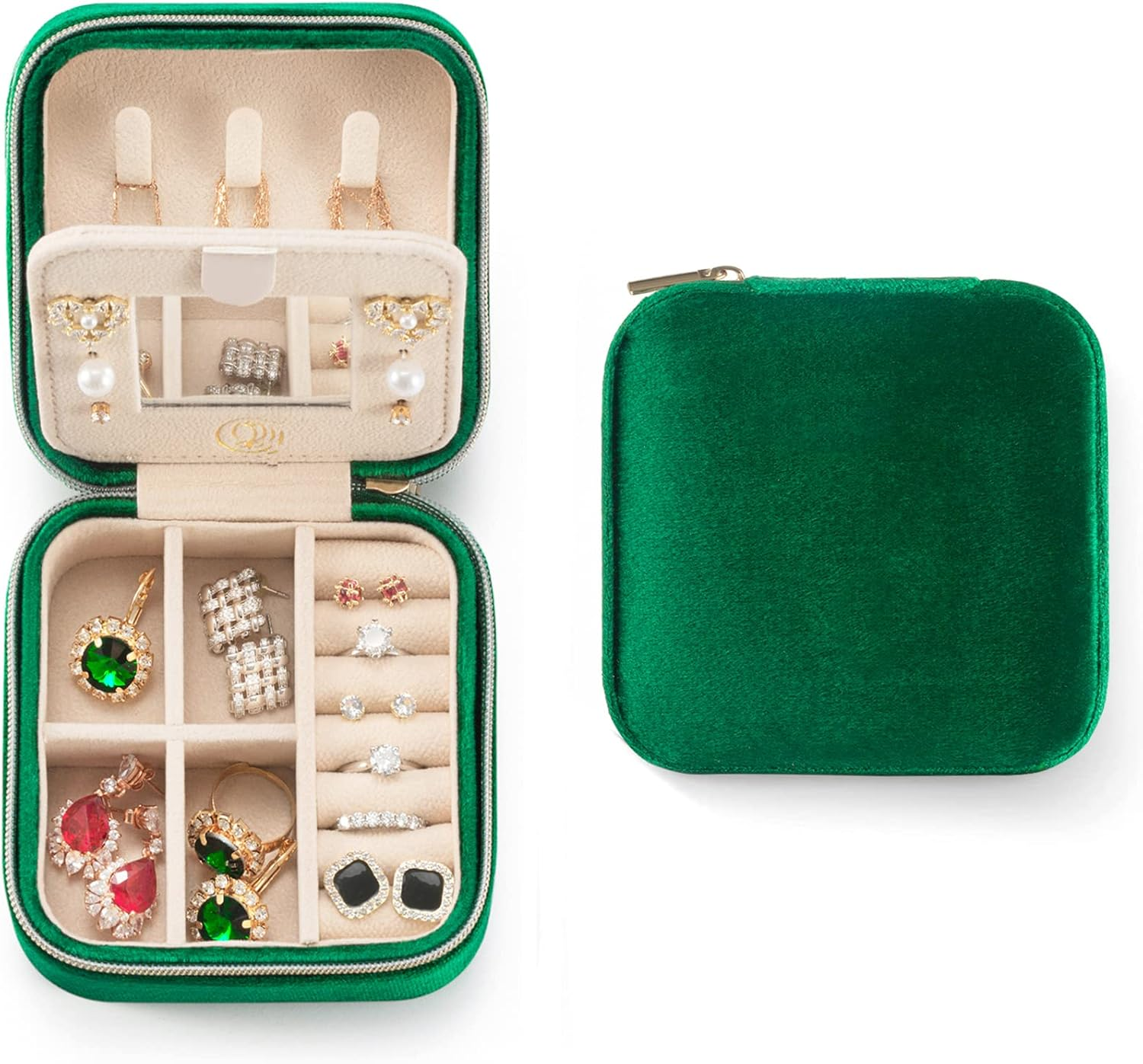Plush Velvet  Jewelry Case, Organizer, Box, Small Case for Women, Earring Organizer with Mirror, Best Gifts for Daughter, Girlfriend, Mom | Gifts for Her - Emerald Green