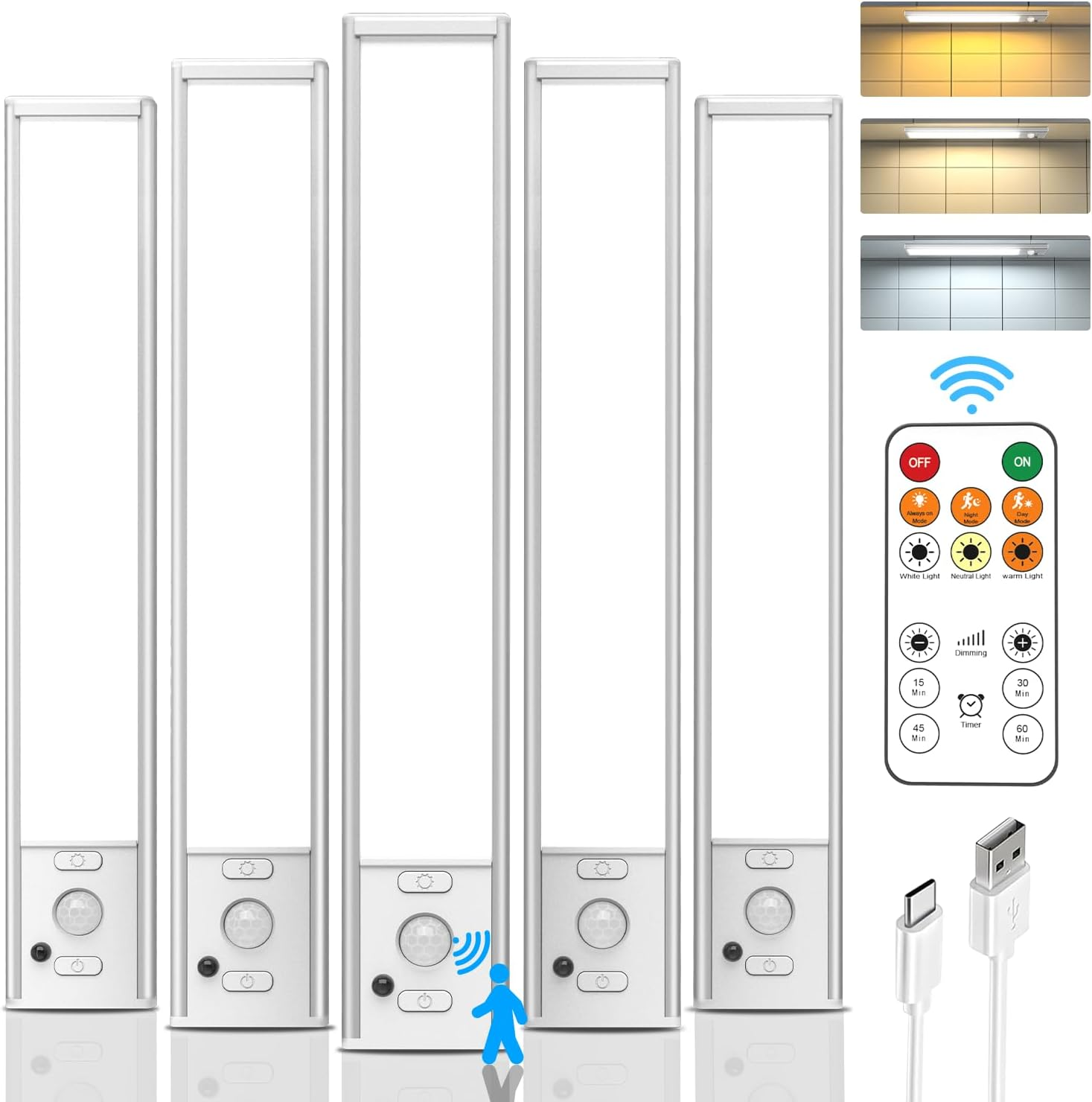 Under Cabinet Lights with Remote Control, USB Rechargeable Battery 180 Lumen Motion Sensor Indoor Light,5 Pack Wireless under Counter Light,3 Color Dimmable Closet Lighting for Kitchen,Stairs,Wardrobe