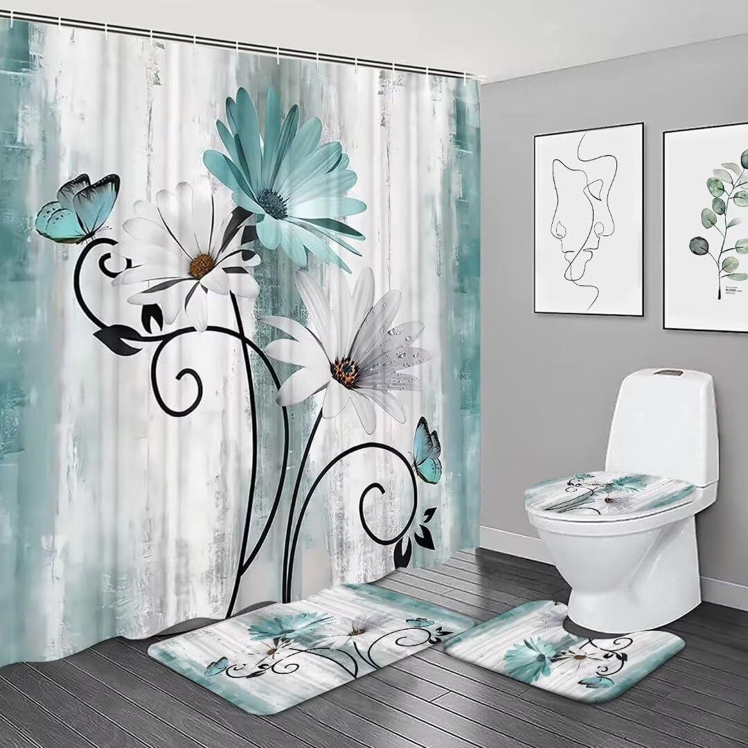 Juego de 4 cortinas de ducha rústicas con diseño de flores de color verde azulado, impermeables.