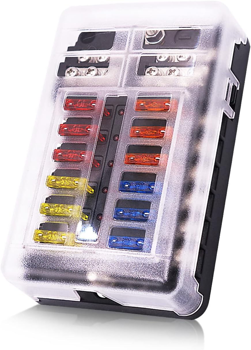 12 Way 12V Blade Fuse Block,12 Circuit ATC/ATO Fuse Box Holder with LED Indicator Waterpoof Cover for 12V/24V Automotive Truck Boat Marine RV Van Vehicle
