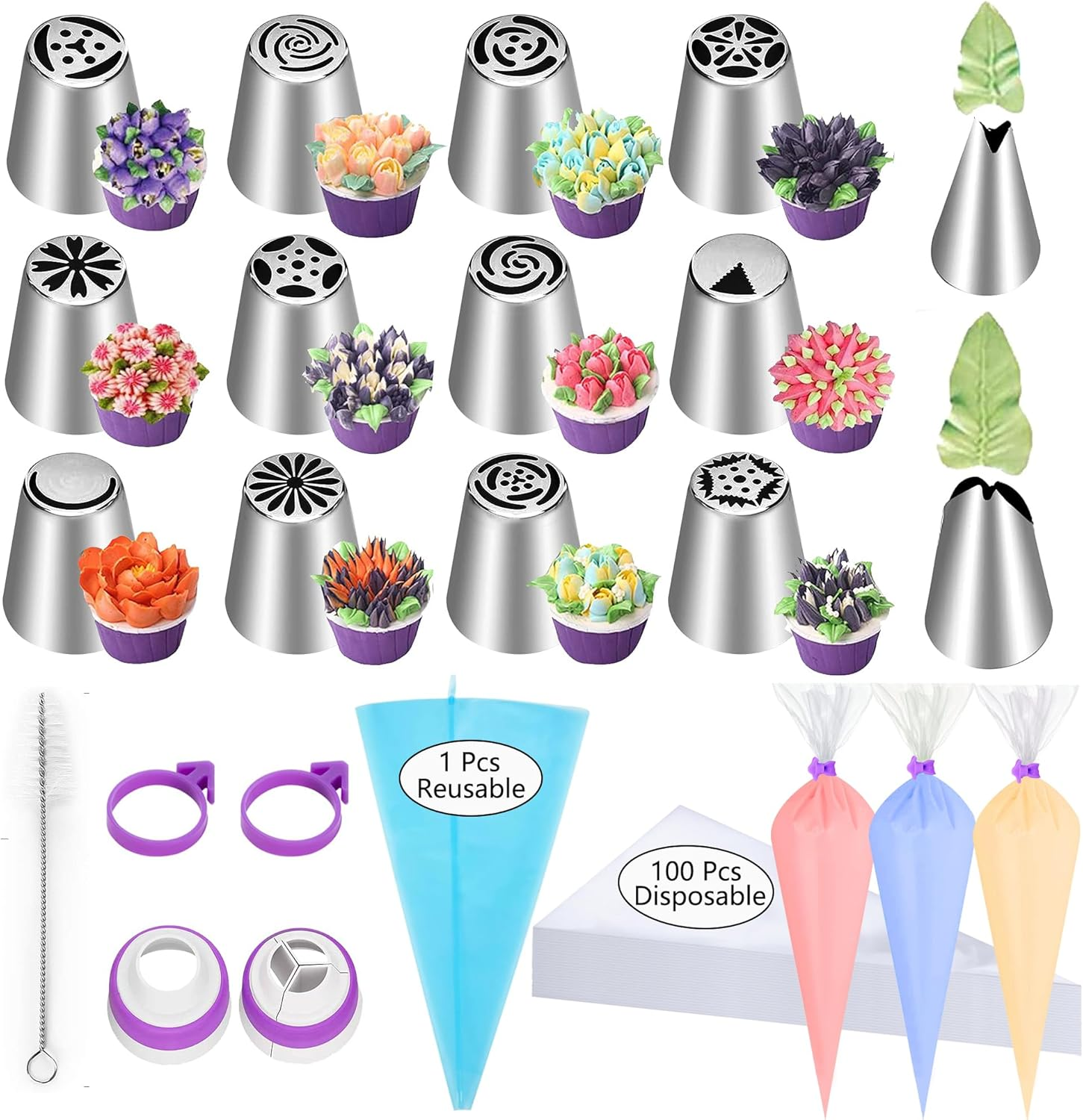 120 PCS Piping Bags and Tips Set 14 in 100 PCS Pastry Bags Cupcake Cookie Cake Decorating Kit 12 Flower Frosting Nozzles 2 Leaf Piping Tips 2 Couplers 2 Icing Bag Ties 1 Tips Brush