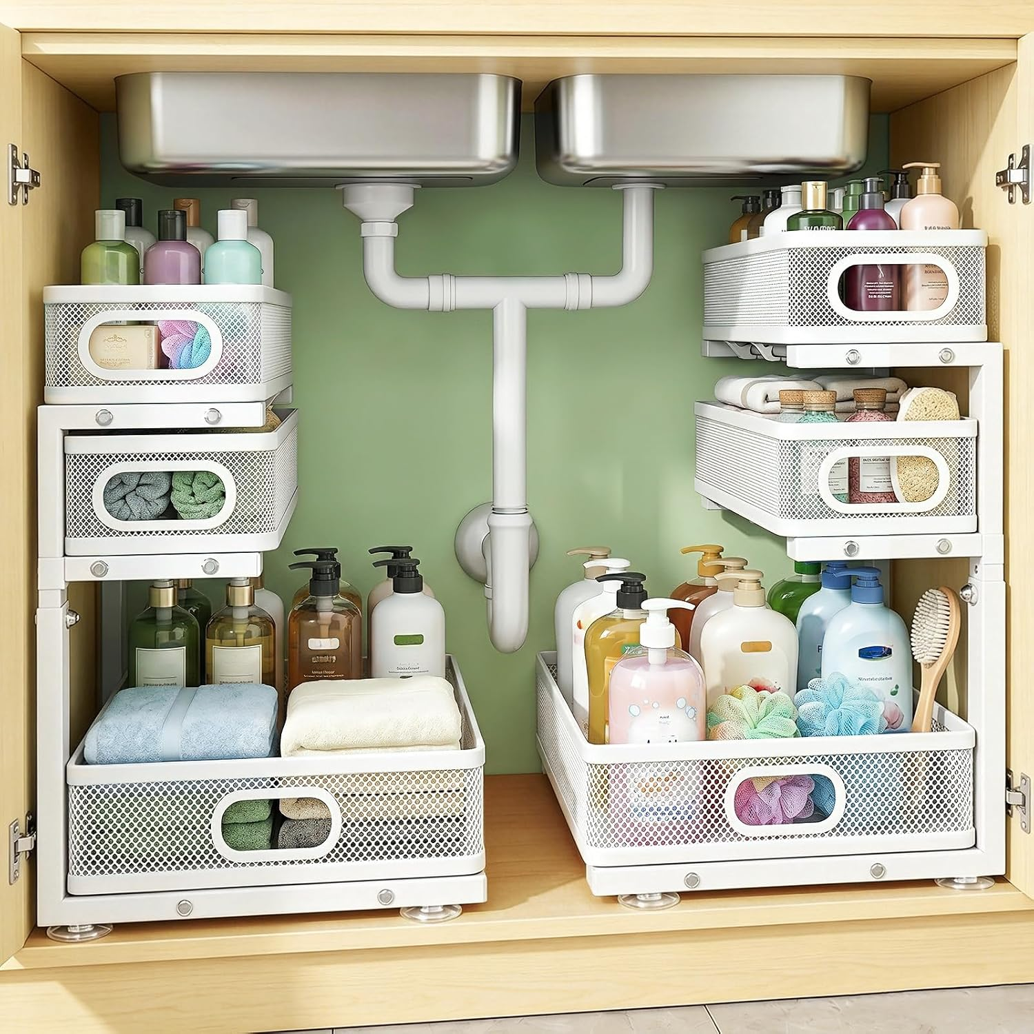 Under Sink Organizer, 2-Pack 3-Tier under Sink Storage Organizer Adjustable Height Easy Assembly Pull Out Cabinet Organizers Basket for Bathroom Kitchen Pantry Home Organization