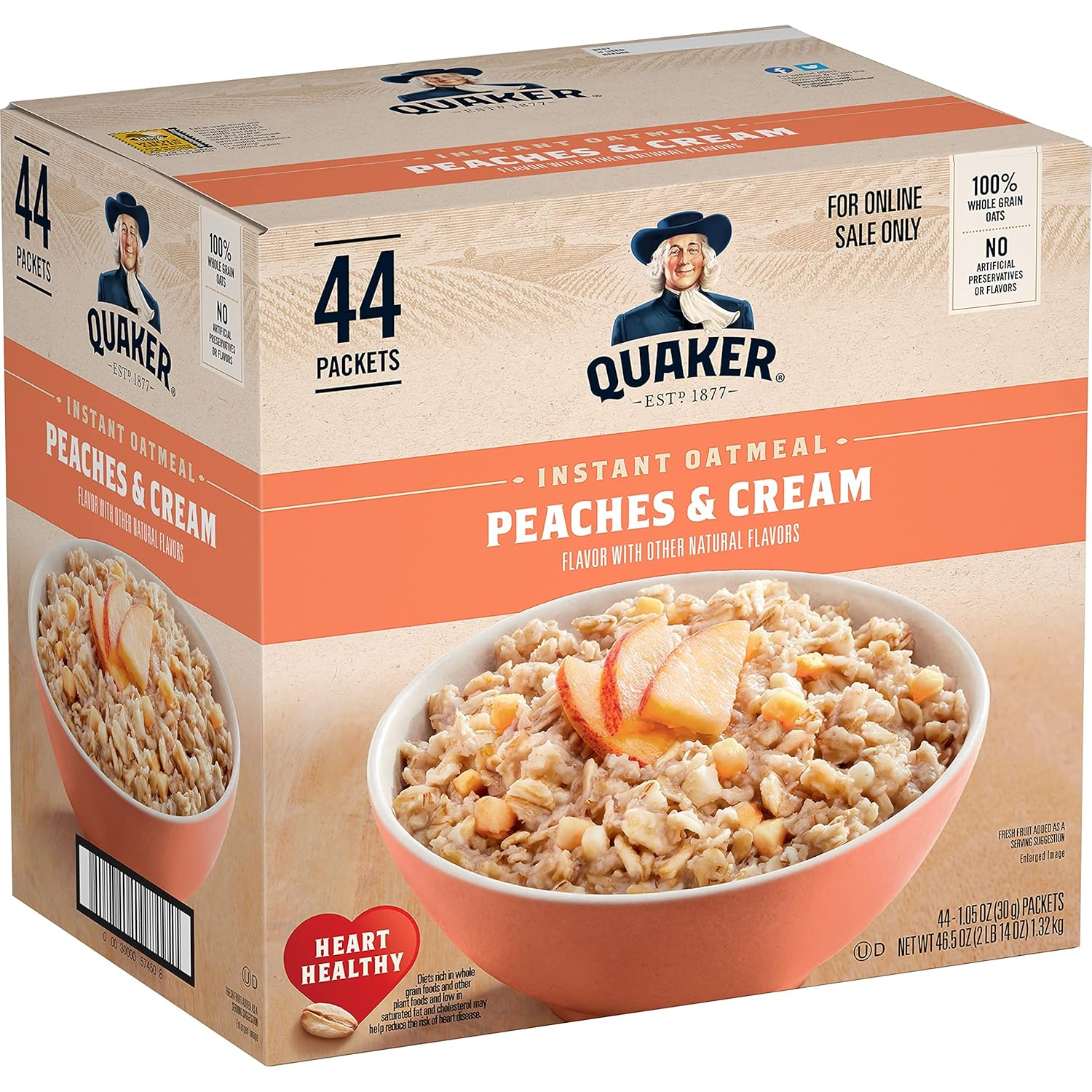 Quaker Instant Oatmeal, Peaches & Cream, 1.05Oz, 44 Counts (Pack of 1)