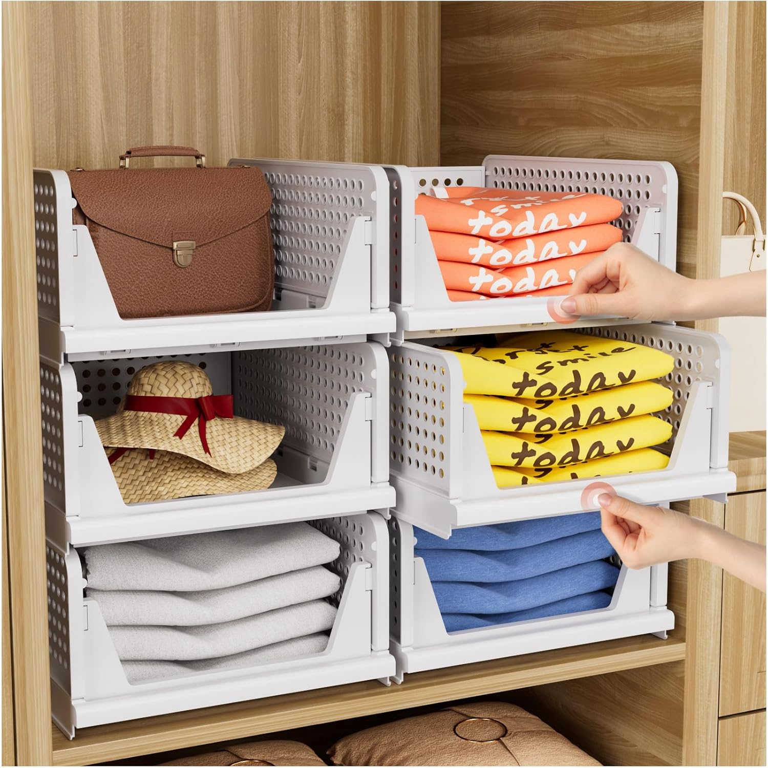 5 Pack Closet Organizers Storage Box, Closet Storage Stackable Storage Bins, Plastic Drawer Basket for Wardrobe Cupboard Kitchen Bathroom Office, White
