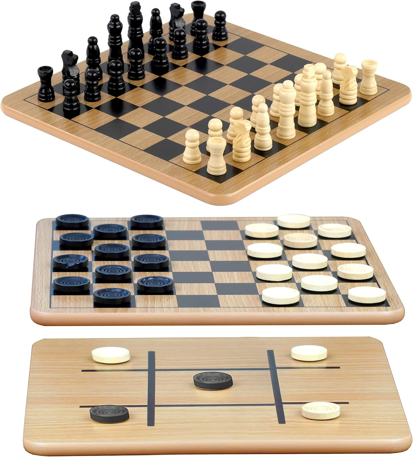 - Reversible Wooden Board for Chess, Checkers & Tic-Tac-Toe - 24 Interlocking Wooden Checkers and 32 Standard Chess Pieces - for Age 8 to Adult for Family Fun