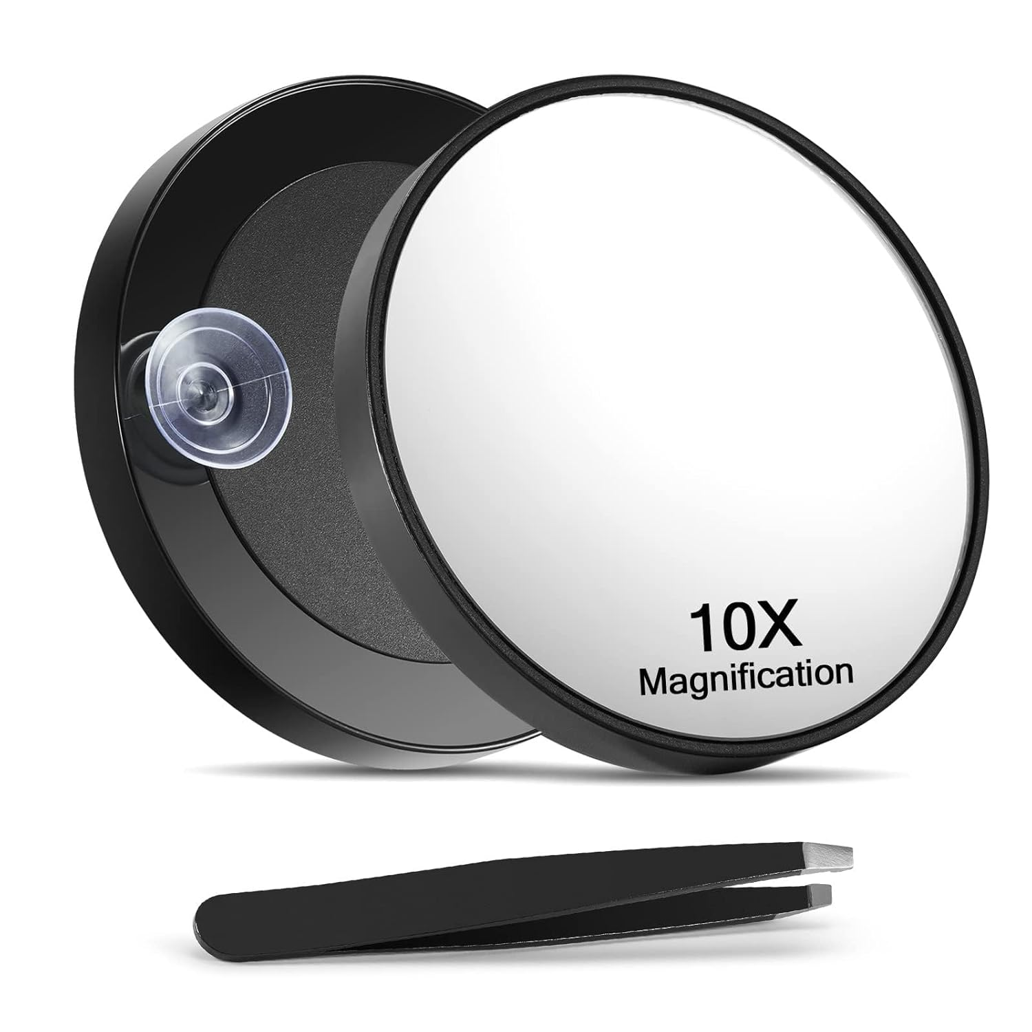 10X Magnifying Mirror with 2 Suction Cups, 3.5 Inches Magnified Makeup Mirror and Slant Tweezers,Black,1Pc
