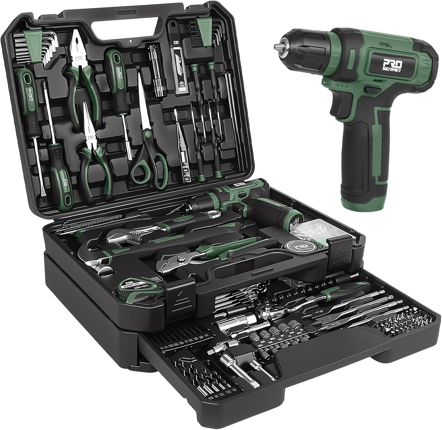 Tool Set with 8V Cordless Drill, 369-Piece Home Tool Kit with Drill Driver, Toolbox Storage Case with Drawer, General Household Tools for Home Repairs and DIY, Handyman (Green)