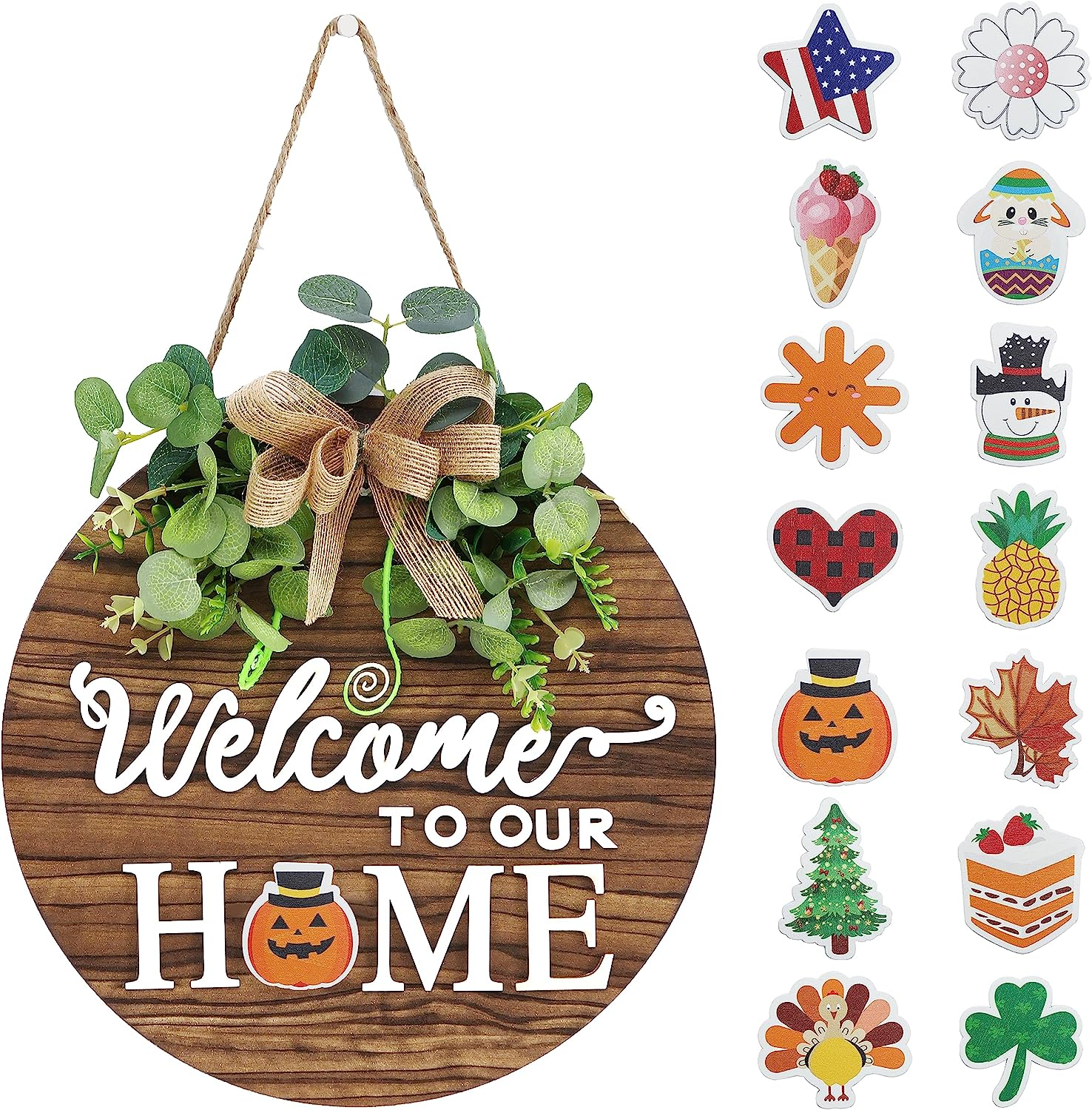 Interchangeable Seasonal Welcome Sign Front Door Decoration, Rustic round