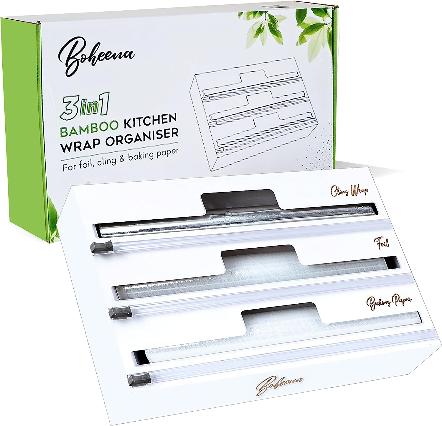 Boheena Bamboo Cling Wrap Dispenser with Cutter 33cm | 3-in-1 Foil and Wrap O... - Picture 2 of 14