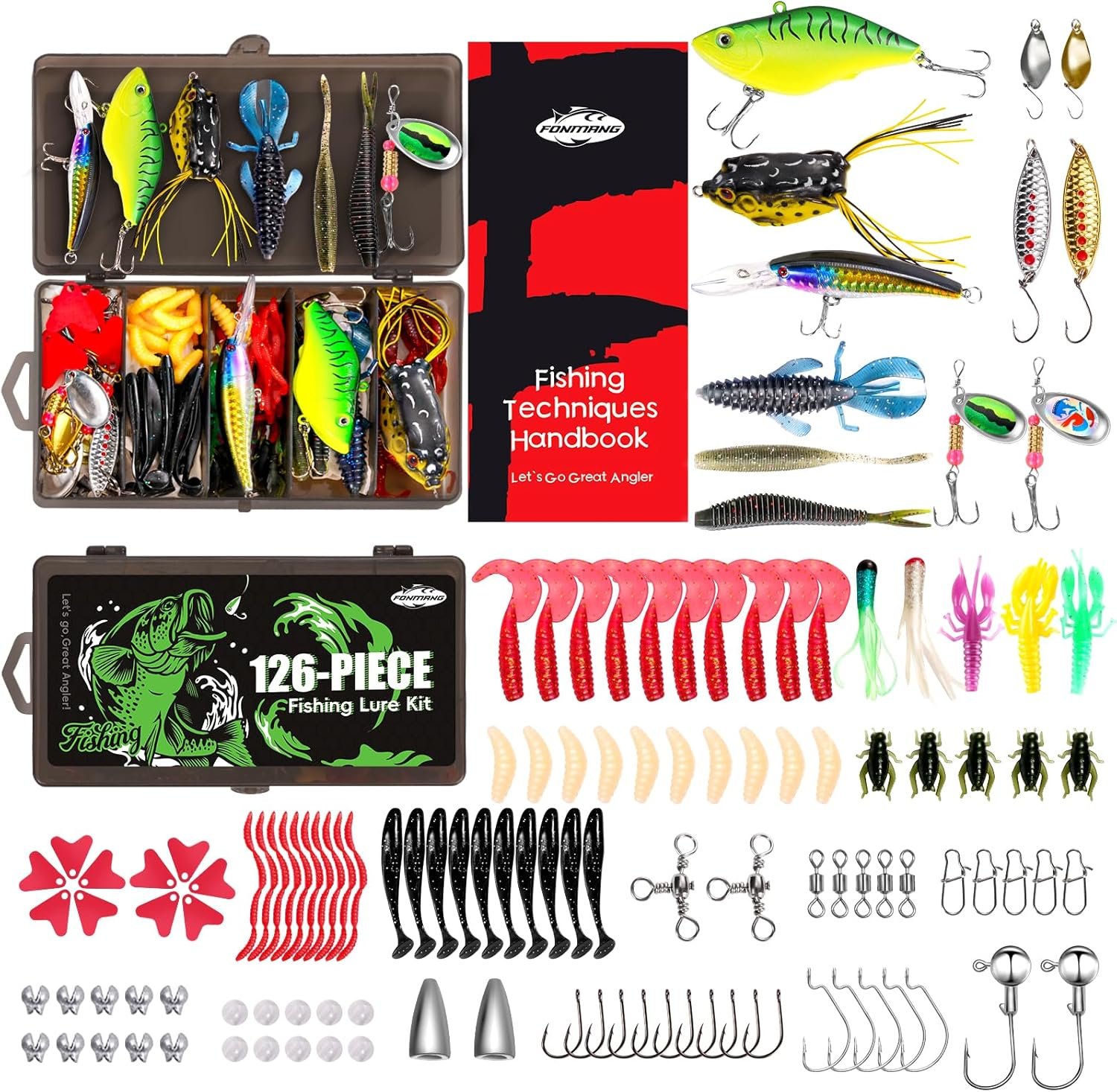 126/153-Pieces Fishing Lures Kit -VIBs/Frogs/Minnows/Soft Baits/Hooks & Weights,Fishing Tackle Box with Tackle Included for Freshwater and Saltwater (126-Pieces)