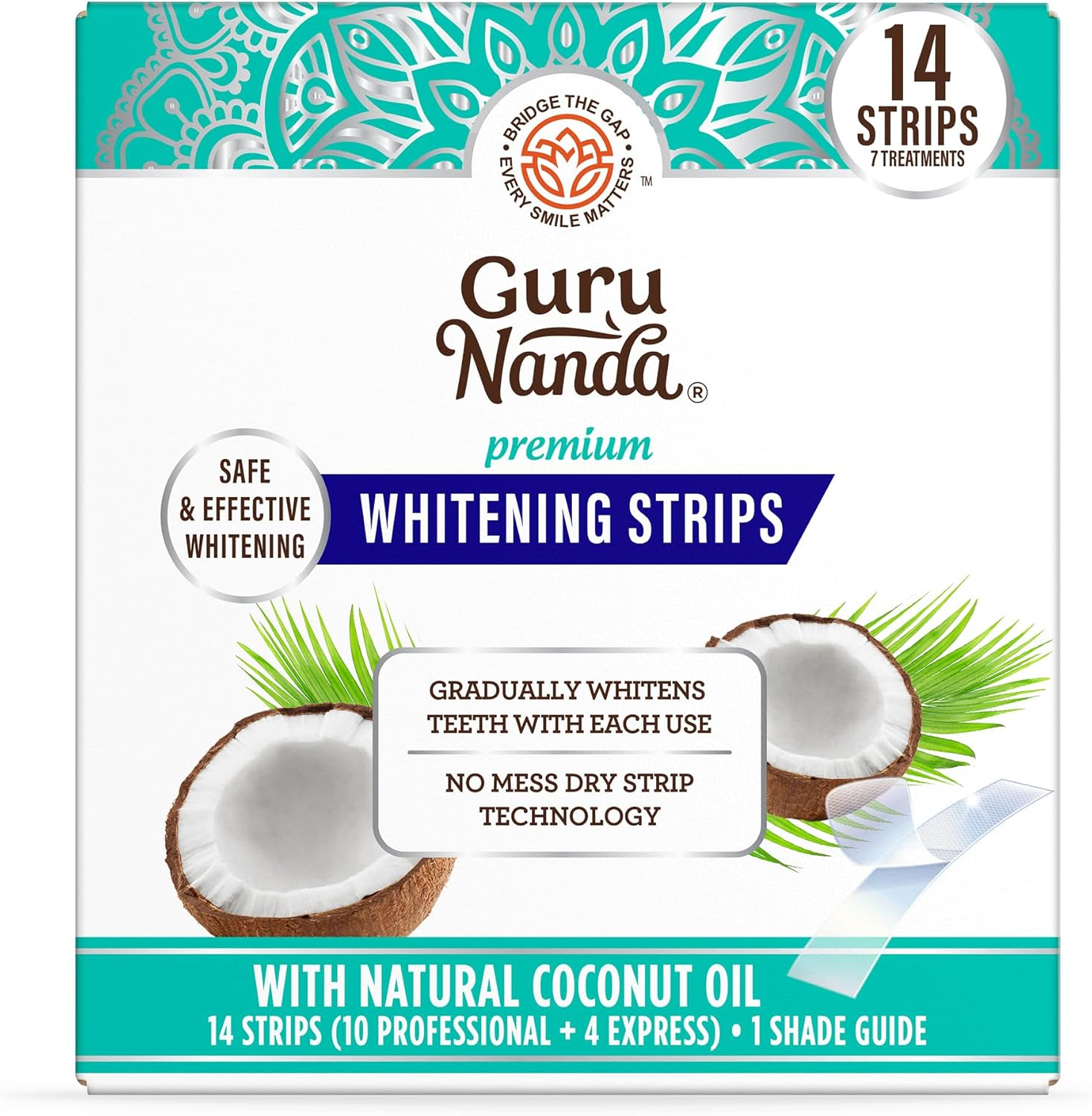 GuruNanda Teeth Whitening Strips with Coconut Oil-14 Enamel Safe Strips
