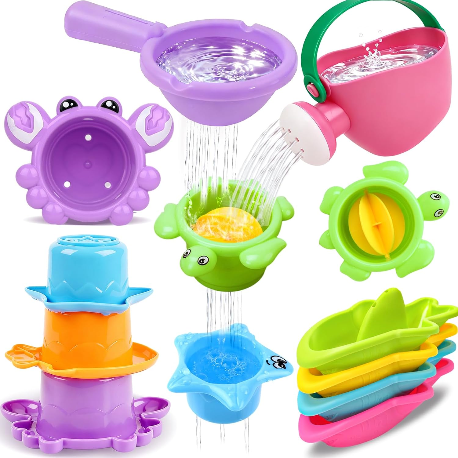10 Pcs Bath Toys for Kids Ages 1-3, Bathtub & Pool Water Toys for Toddlers 1-3 & Babies 12-18 Months, Water Table Accessories with Floating Boats, Stacking Cups & Pouring Fun for Boys Girls