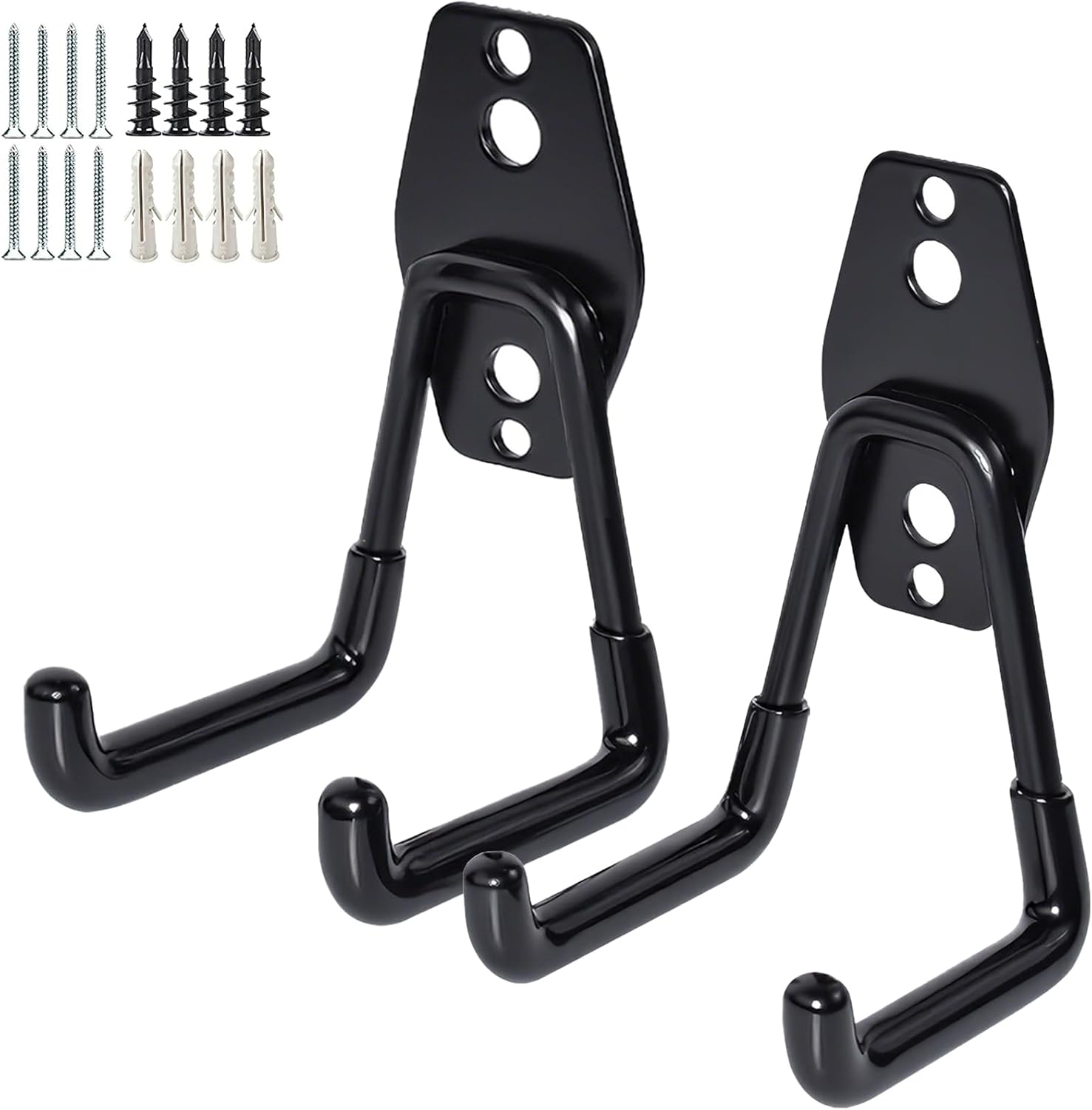 2 Pack Garage Storage Utility Hooks，Garage Garden Tool Organizer，Steel Wall Mount Hooks, Garden Small U Hooks (Black)