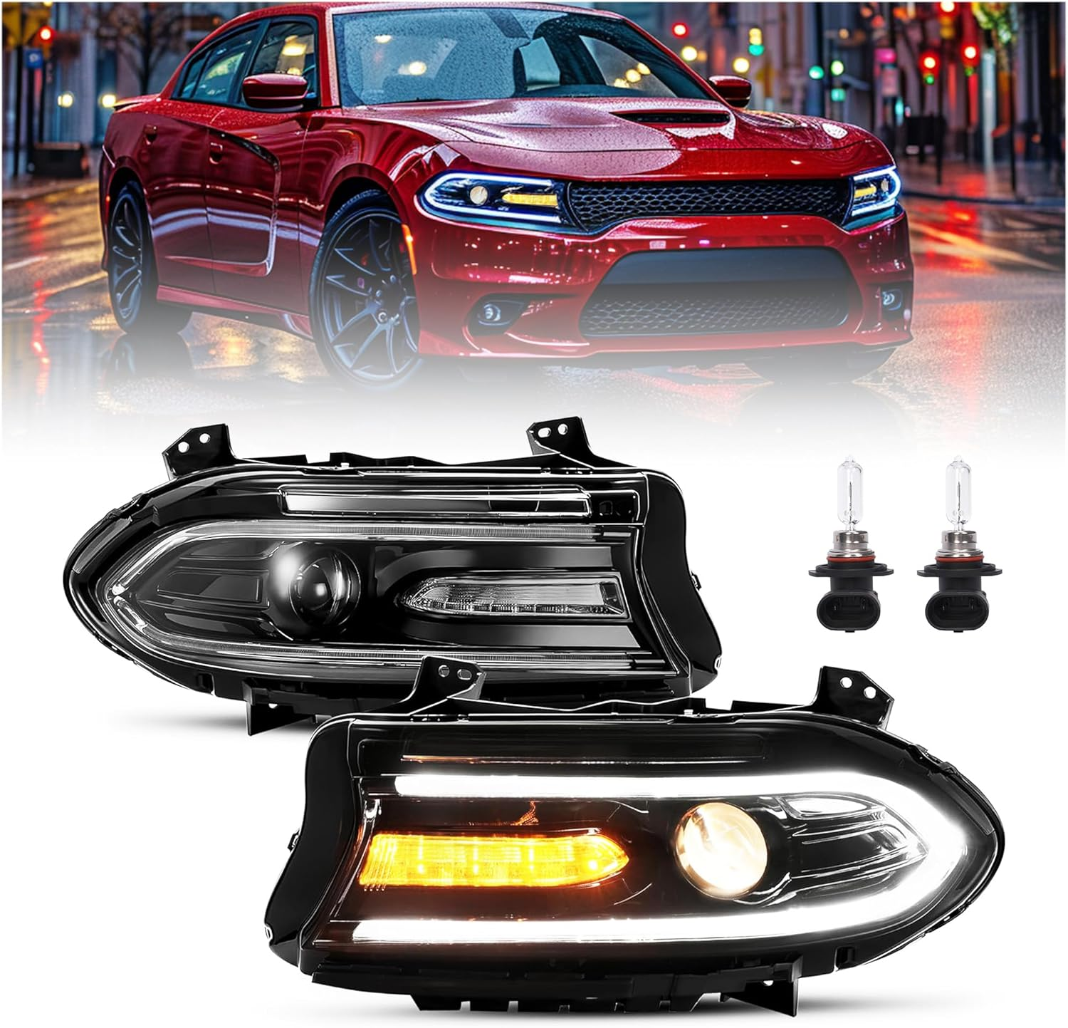 Projector Headlights Assembly W/Bulbs&Led Compatible with 2015-2023 Dodge Charger Dual LED Tube Bar DRL Headlamps Clear Lens+Black Housing Left & Right Replacement for CH2503270 CH2503271