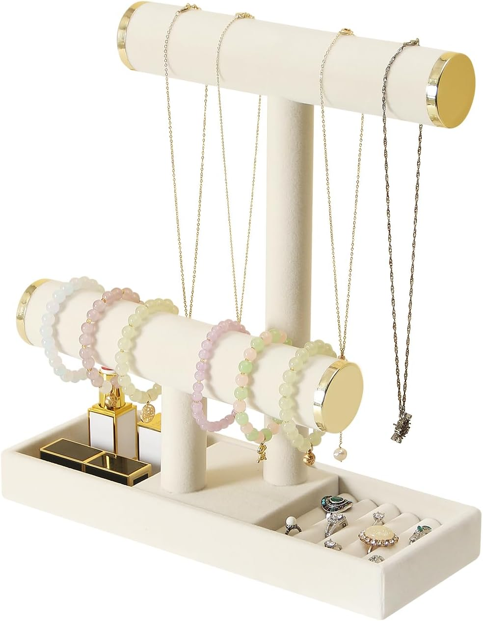 Jewelry Holder Stand,2 Tier Necklace Bracelet Organizer with Tray,Jewelry Displays for Selling Bangles Scrunchie Hair Ties Watches and Chains (Beige)
