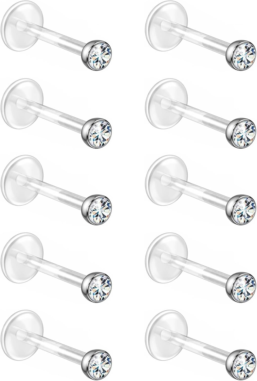 Bioflex Labret Plastic Lip Piercing Jewelry for Monroe, Medusa, Ashley and Cartilage Piercings, Tragus, Conch, Helix, Daith - 16G Clear Post Studs with Push-In CZ Crystals