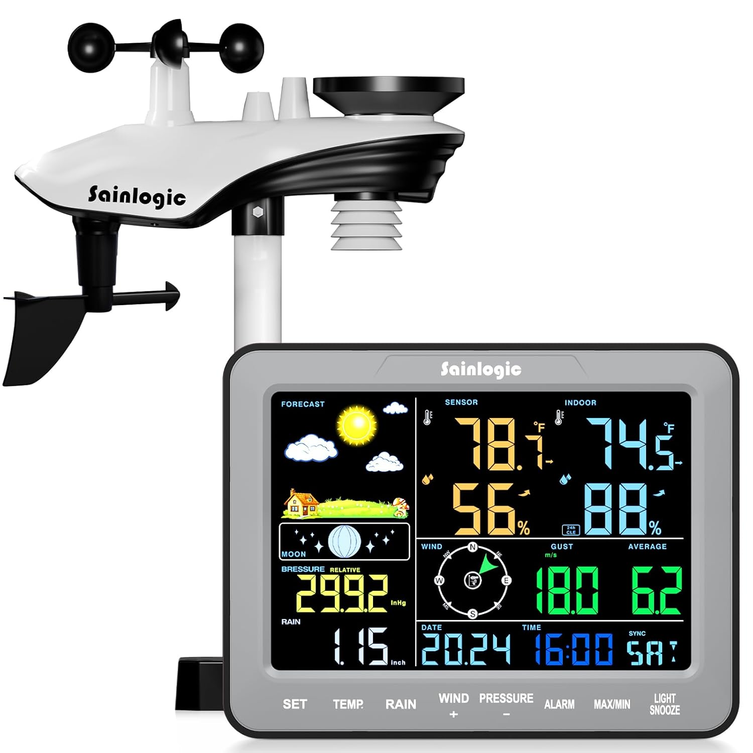 Wireless Weather Station 12-in-1 Indoor Outdoor Thermometer Rain Gauge