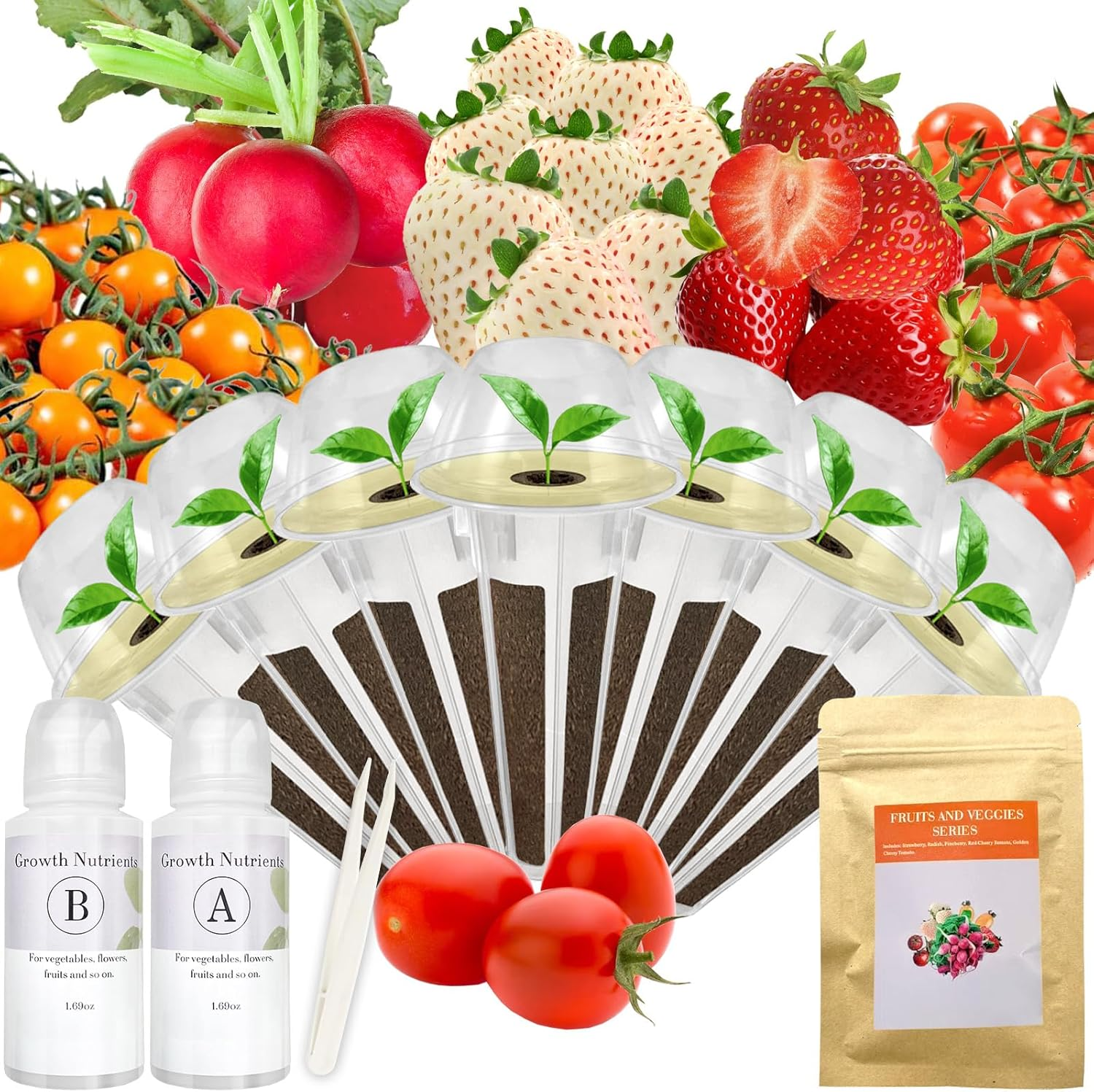 Red Strawberry and Pineberry Seed Pod Kit for Aerogarden, Idoo, Ahopegarden with Red Strawberry, Radish, Pineberry, Red Heirloom/Golden Harvest Cherry Tomato - Compatible with All Hydroponics (7-Pod)