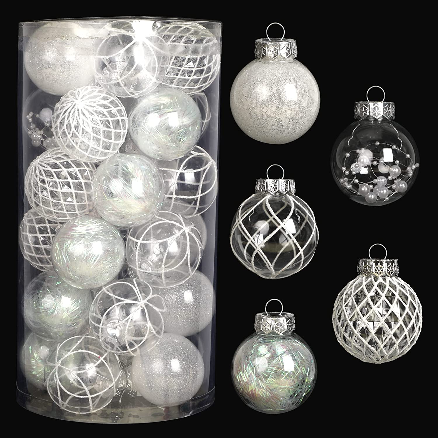 Clear Christmas Ball Ornaments, 30Ct 2.36 Inch White Christmas Ornaments Balls for Christmas Tree with Delicate Stuff Shatterproof Hanging Xmas Tree Baubles Decorations for Wedding Christmas