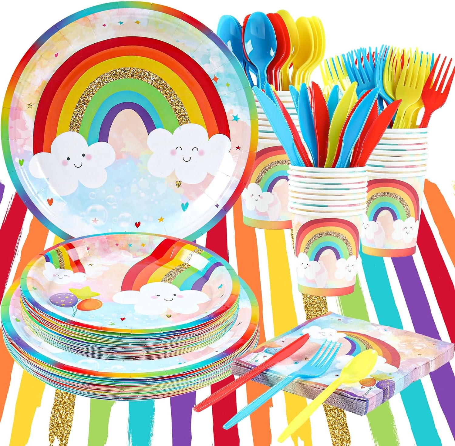Rainbow Party Supplies, Happy Birthday Decorations for Girls & Boys -169Pcs Rainbow Party Tableware Set Include 9