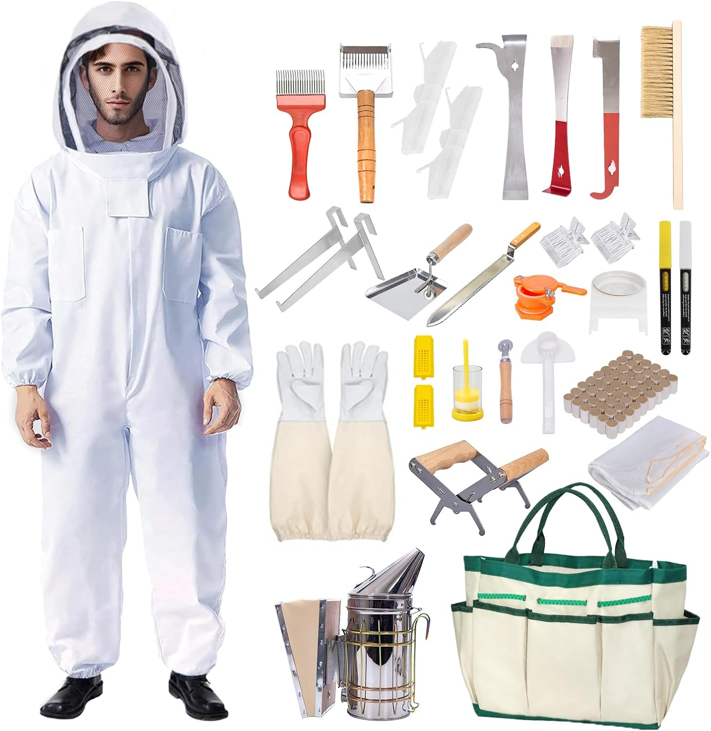 31Pcs Beekeeping Supplies Starter Kit with Bee Suit – Includes Bee Smoker, Beehive Frame Holder, Frame Grip, Hive Tool, Bee Marking Pen & More Tools for Beginner Beekeepers (XL)